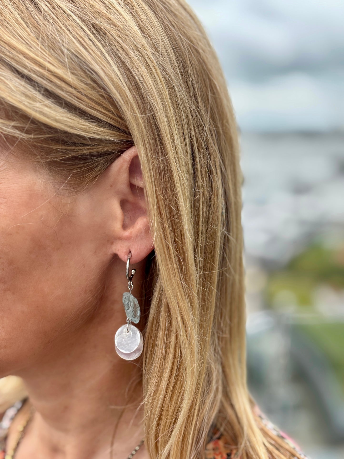 Silver Aquamarine Shell Disc Drop Earrings
