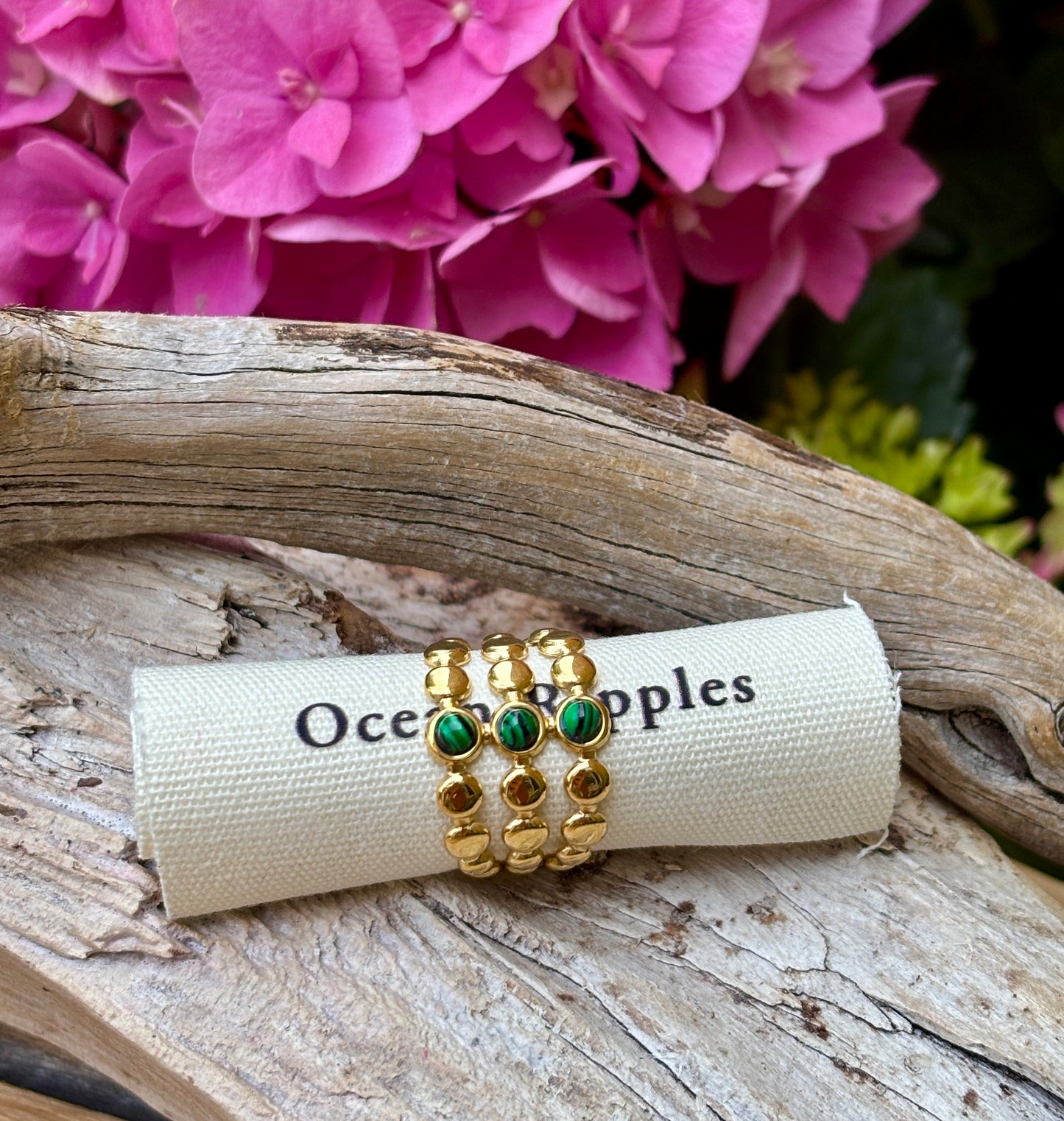 18ct Gold Plated Malachite Triple Band Ring
