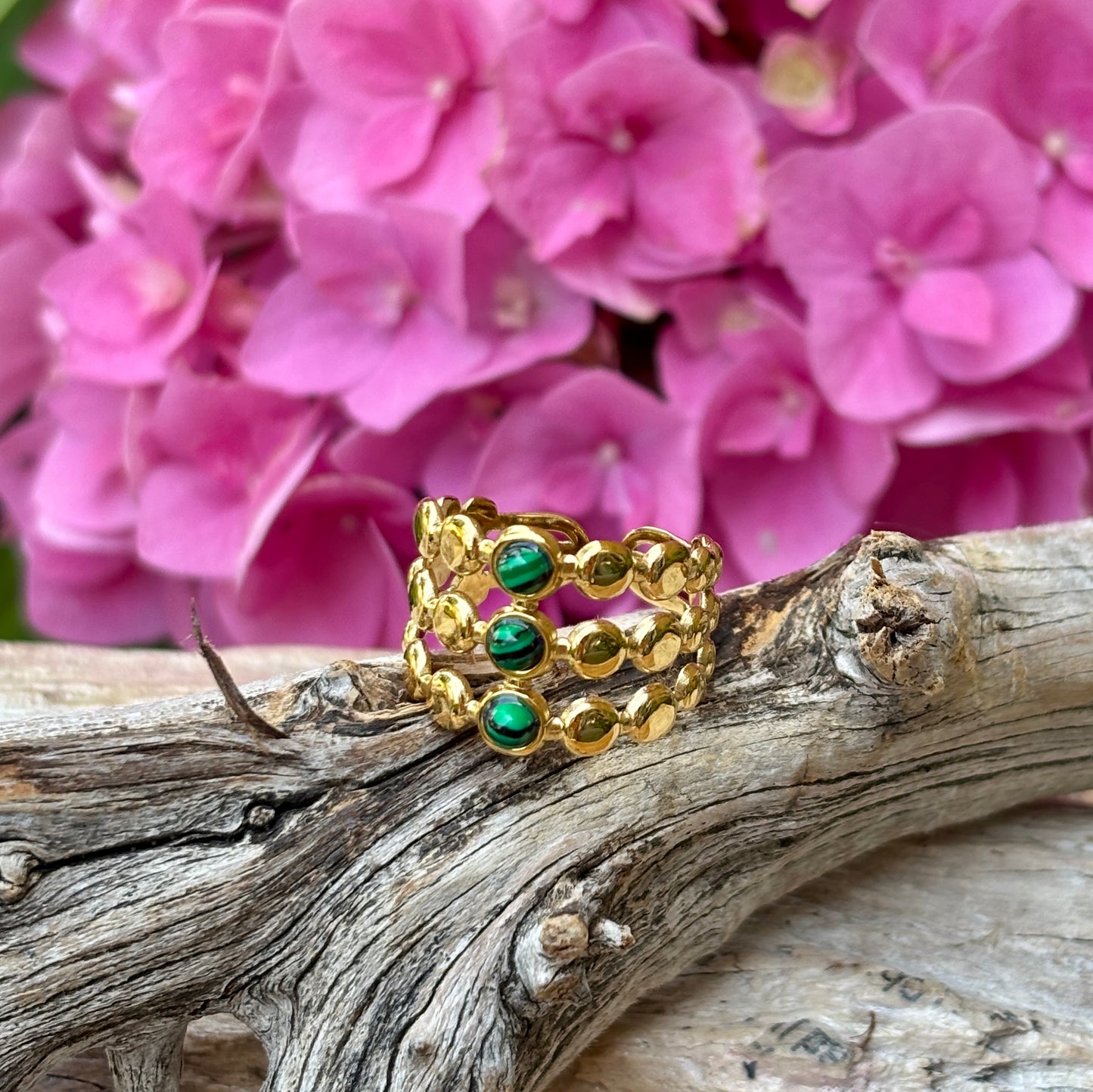 18ct Gold Plated Malachite Triple Band Ring