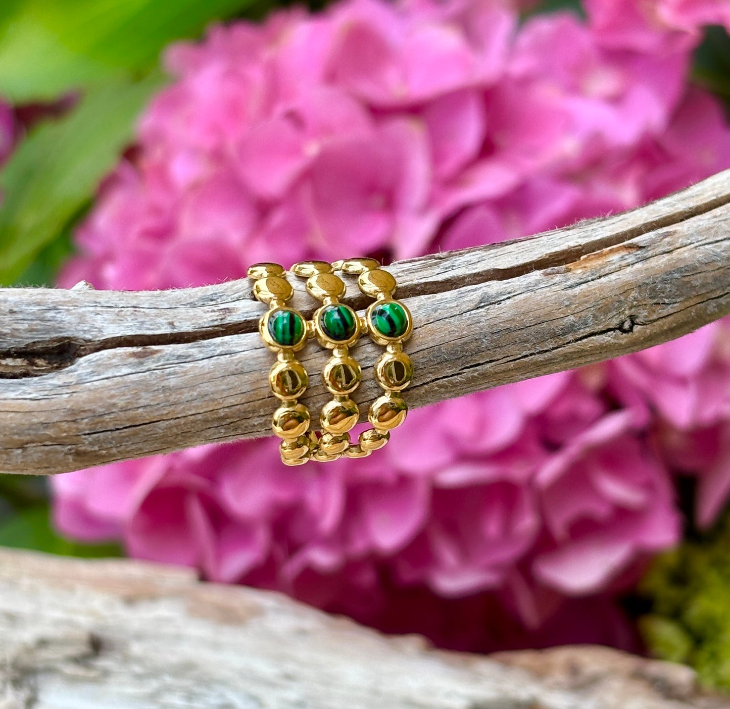 18ct Gold Plated Malachite Triple Band Ring