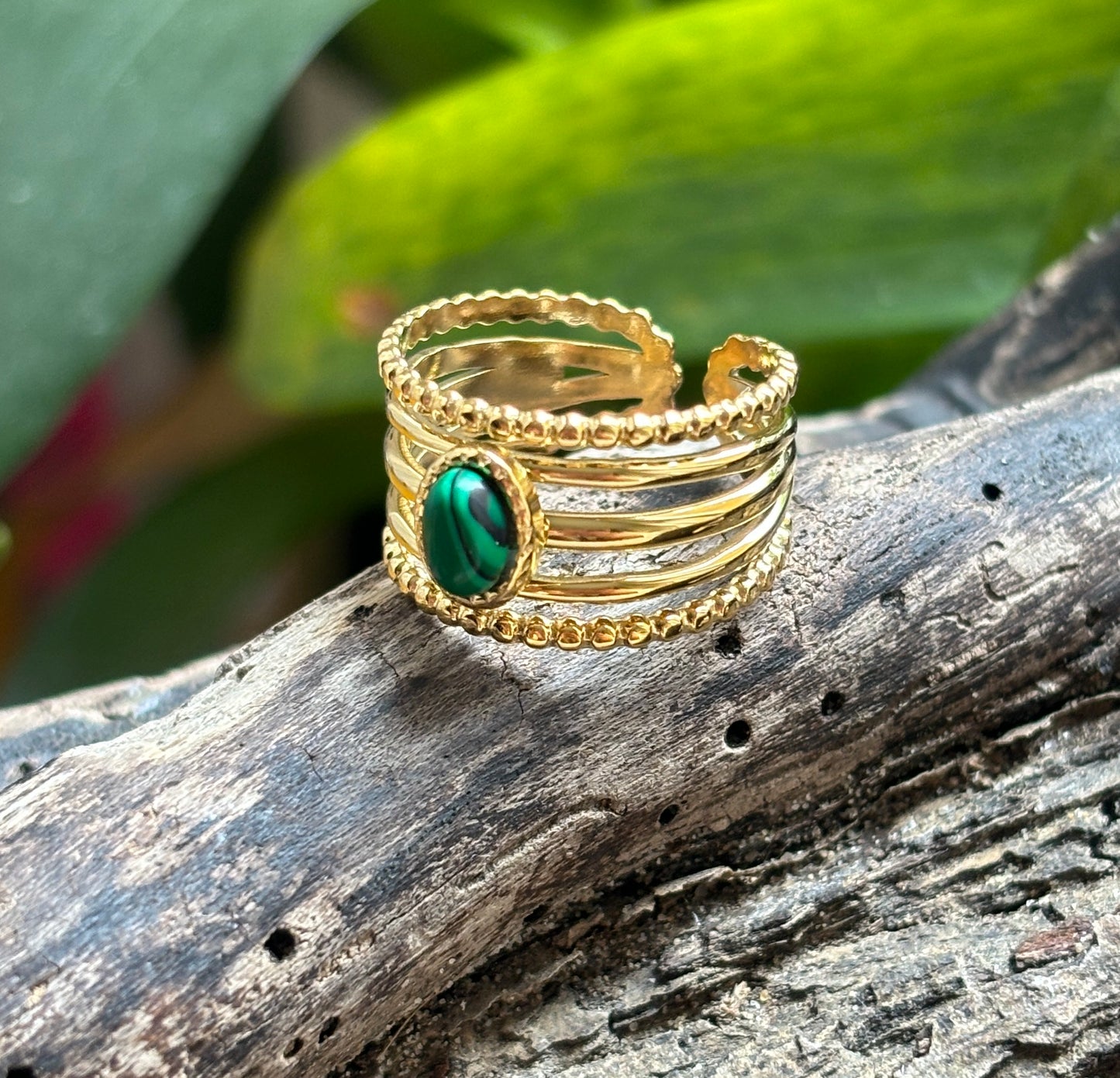 18ct Gold Plated Malachite Multi Band Adjustable Ring