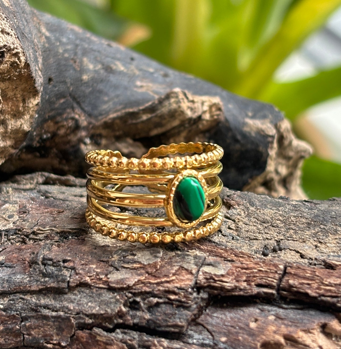 18ct Gold Plated Malachite Multi Band Adjustable Ring