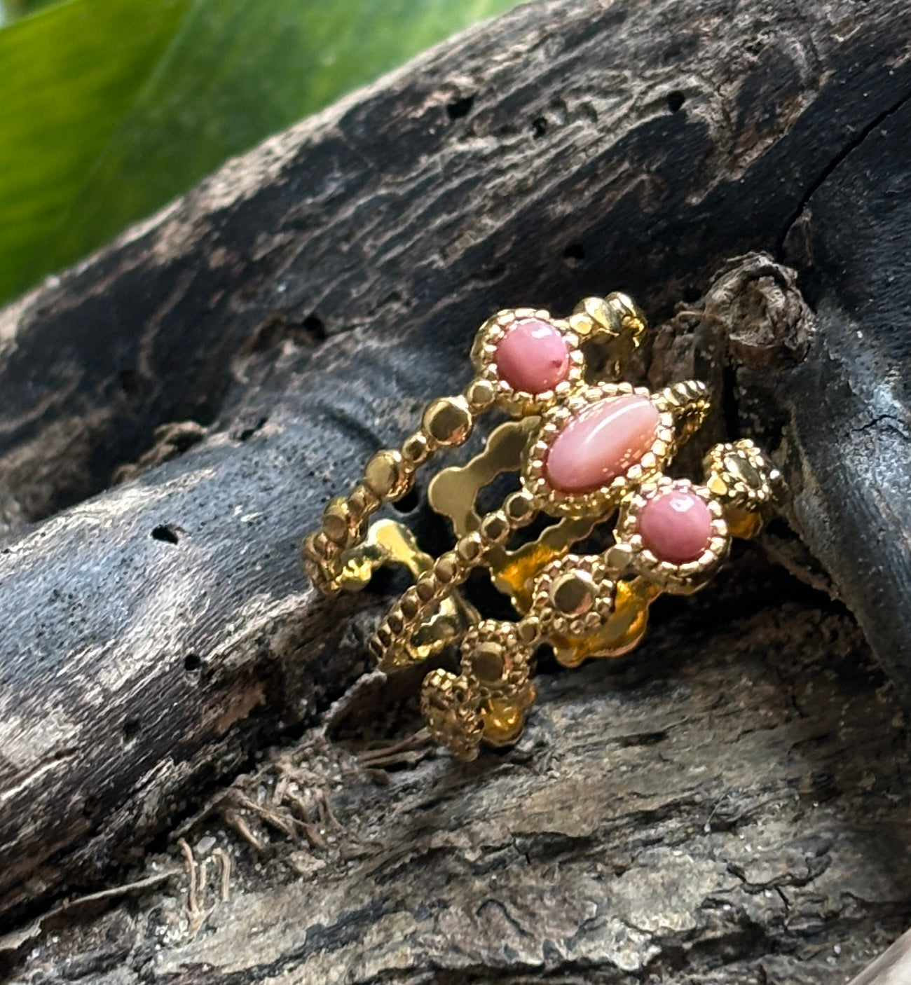 18ct Gold Plated Rhodochrosite Triple Band Adjustable Ring