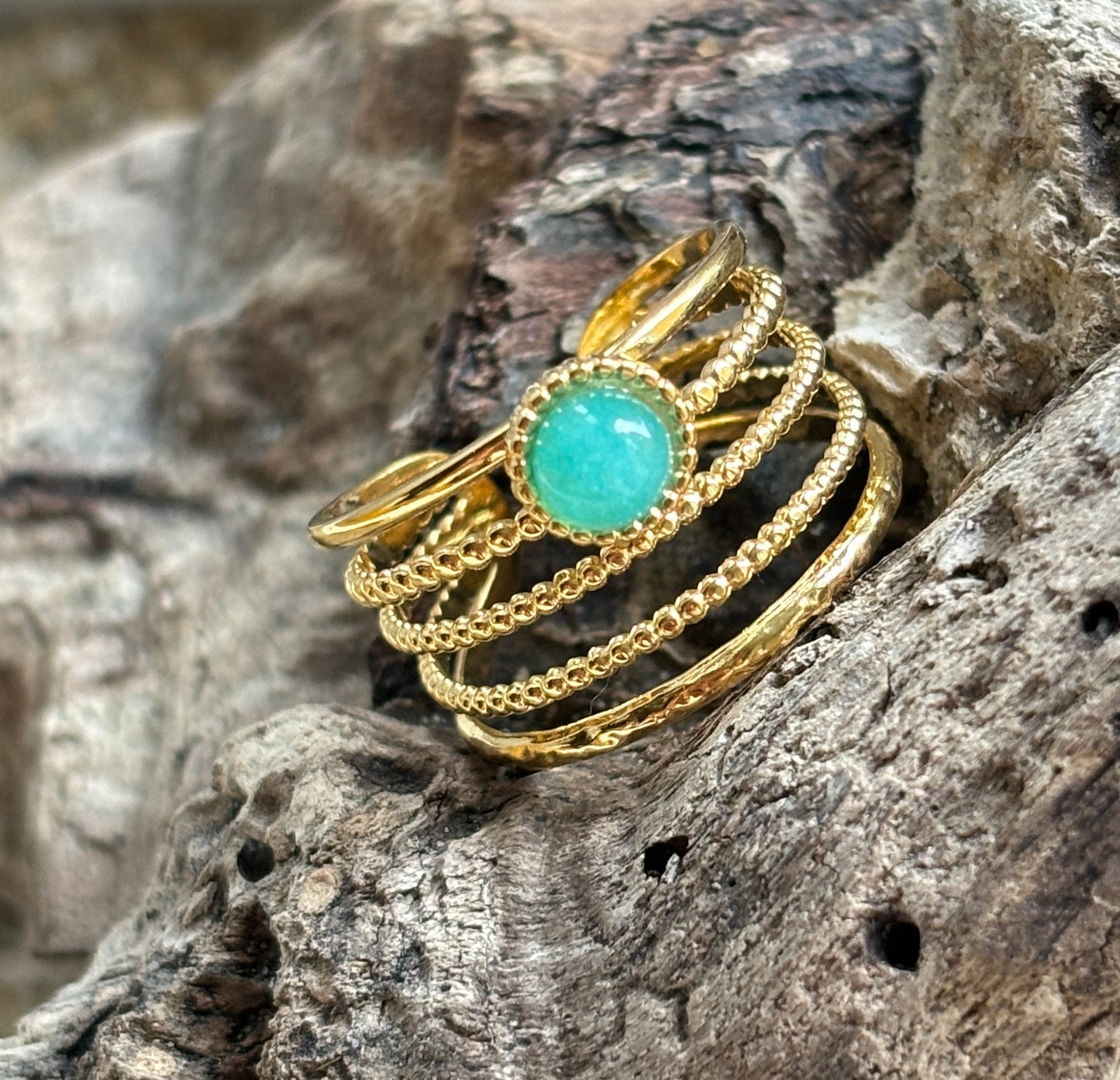 18ct Gold Plated Amazonite Multi Band Adjustable Ring