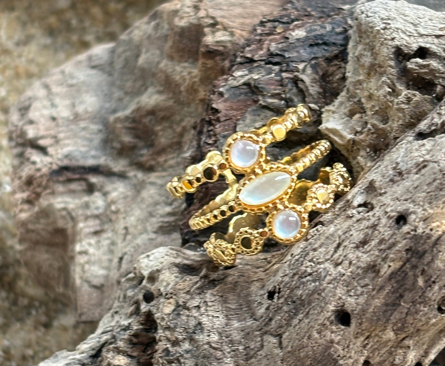 18ct Gold Plated Mother Of Pearl Triple Band Adjustable Ring