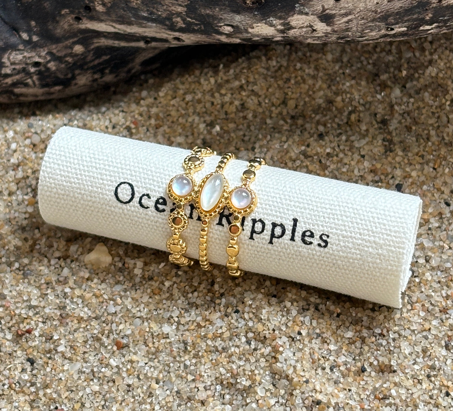 18ct Gold Plated Mother Of Pearl Triple Band Adjustable Ring
