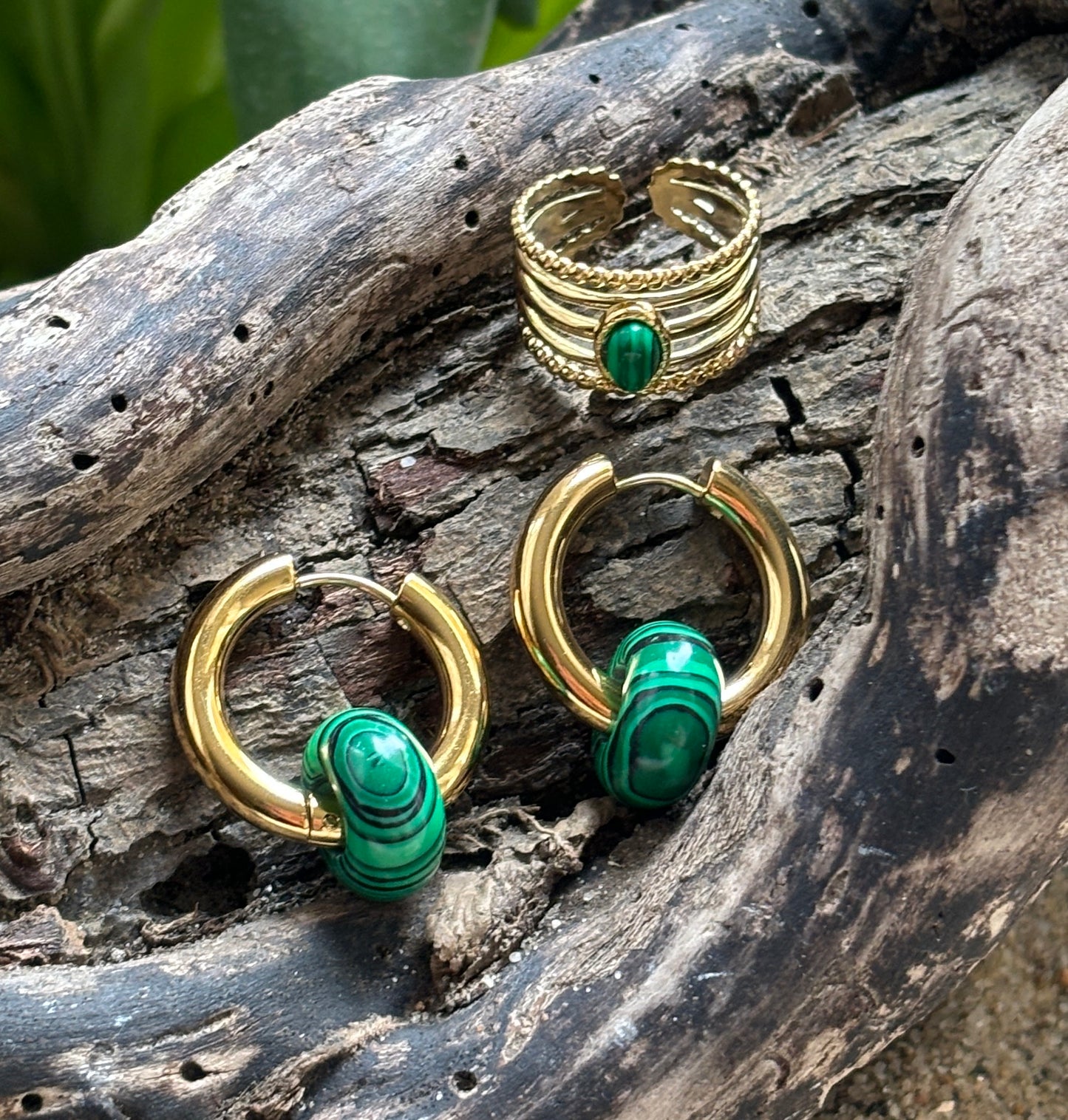 18ct Gold Plated Malachite Multi Band Adjustable Ring