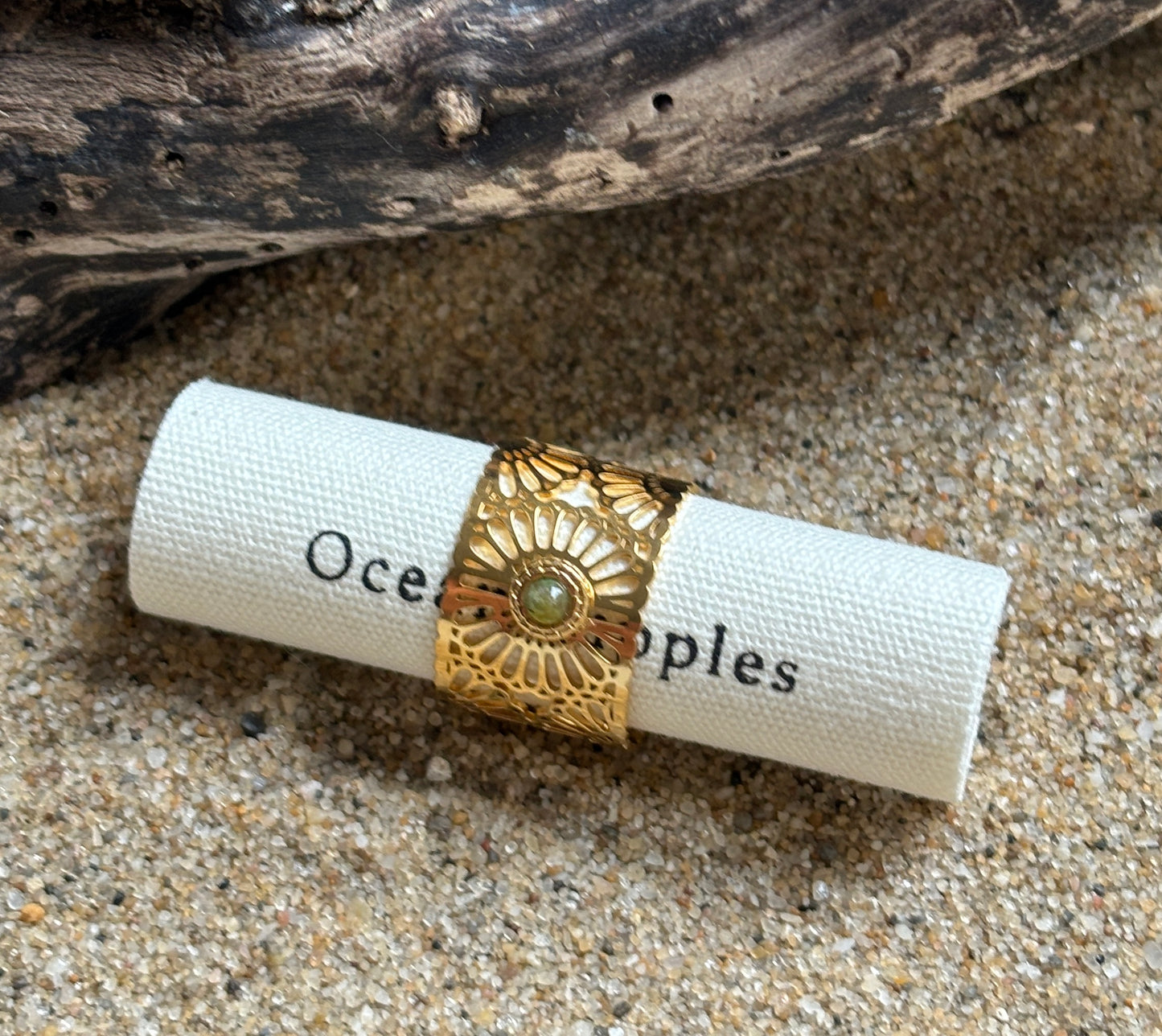 18ct Gold Plated Aventurine Hollow Band Adjustable Ring