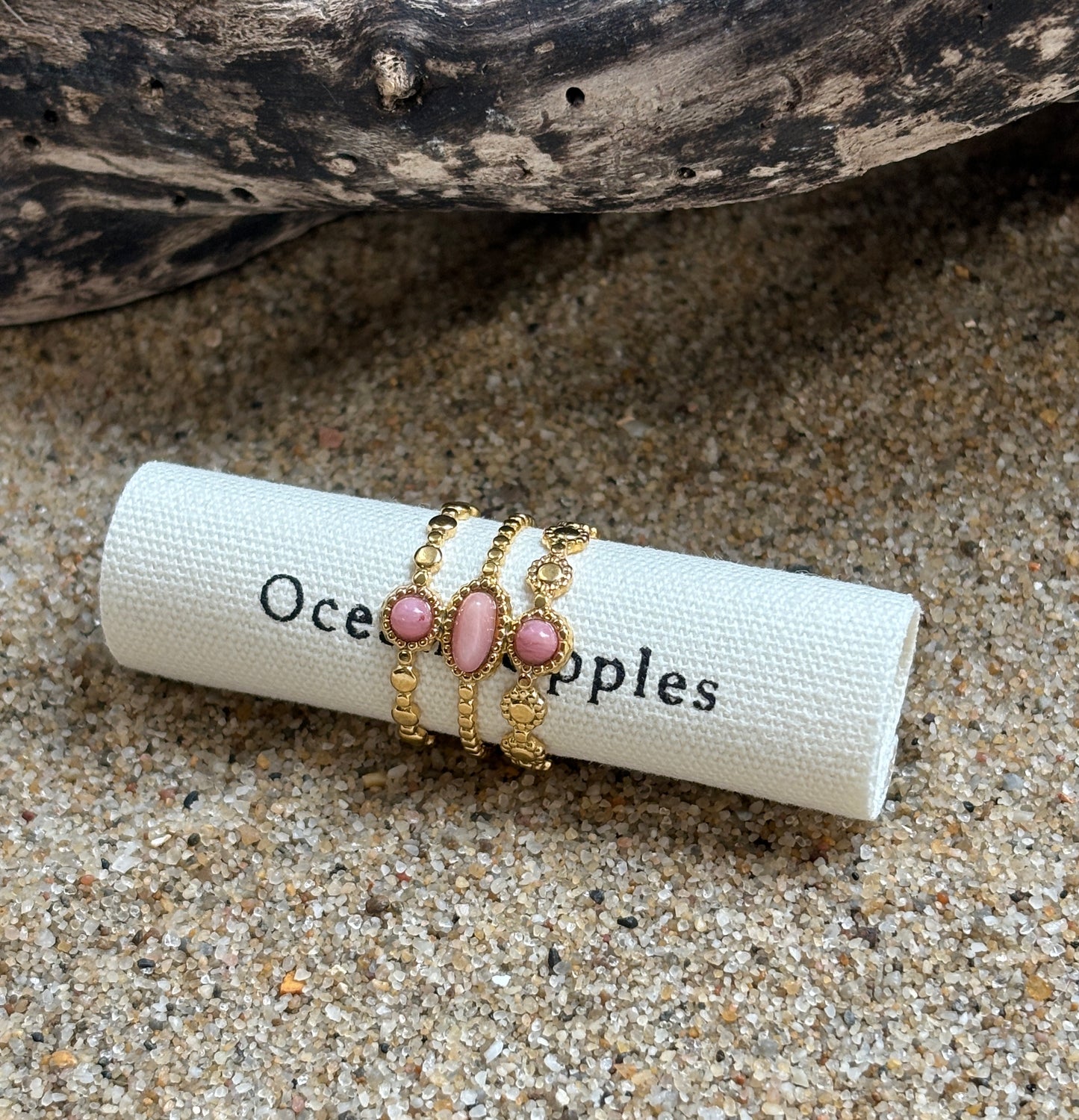 18ct Gold Plated Rhodochrosite Triple Band Adjustable Ring