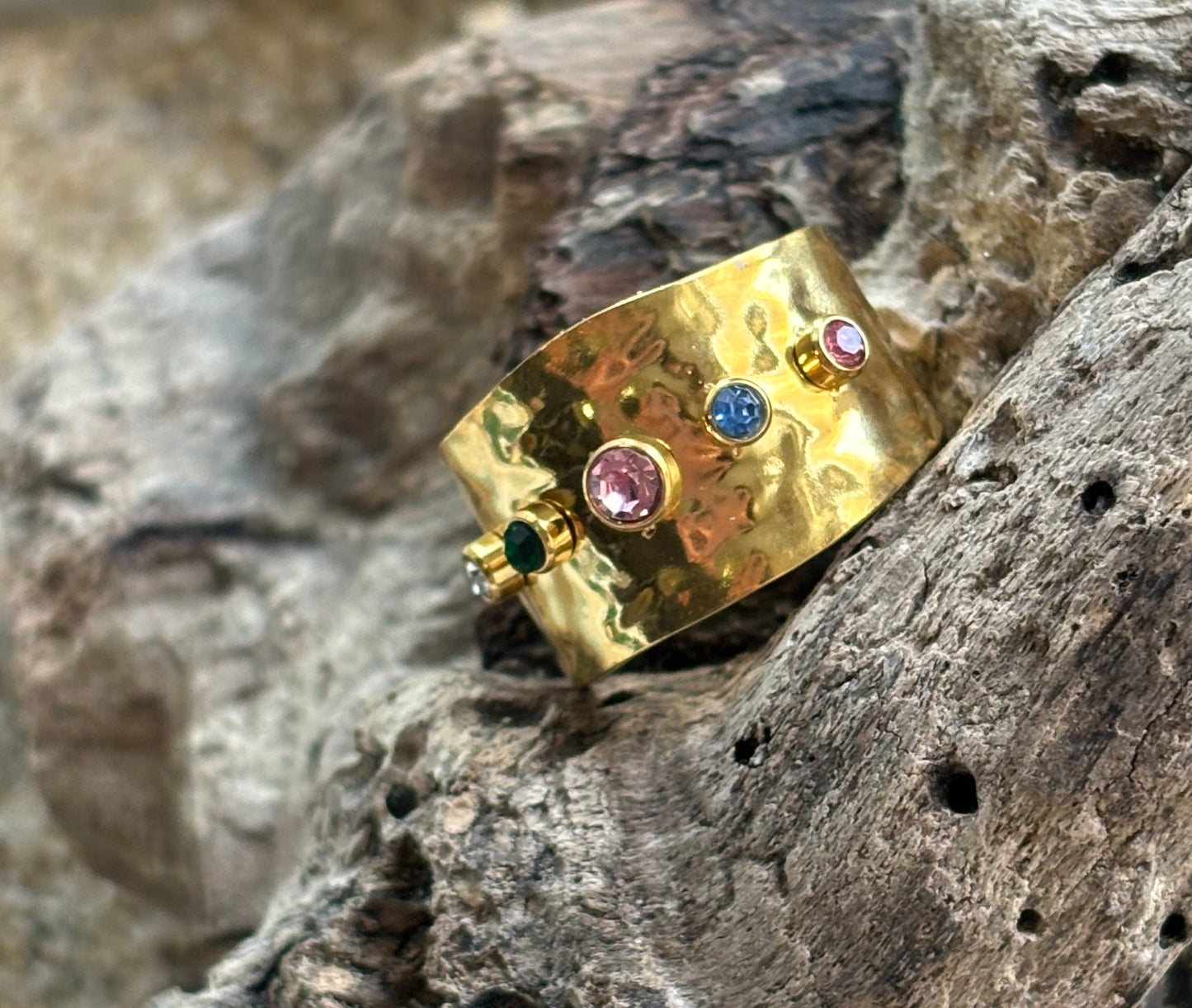 18ct Gold Plated Adjustable Multi Coloured Cubic Zirconia Hammered Ring - Available in Silver