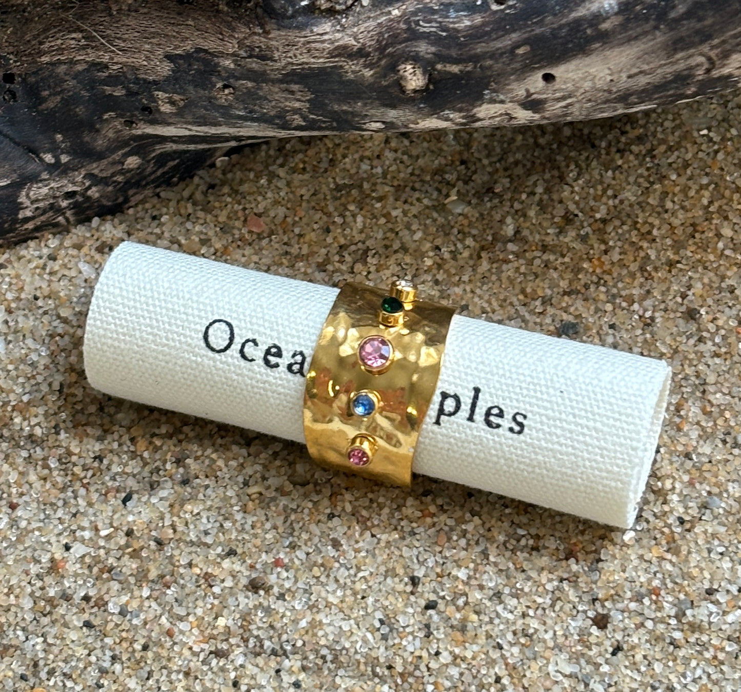 18ct Gold Plated Adjustable Multi Coloured Cubic Zirconia Hammered Ring - Available in Silver