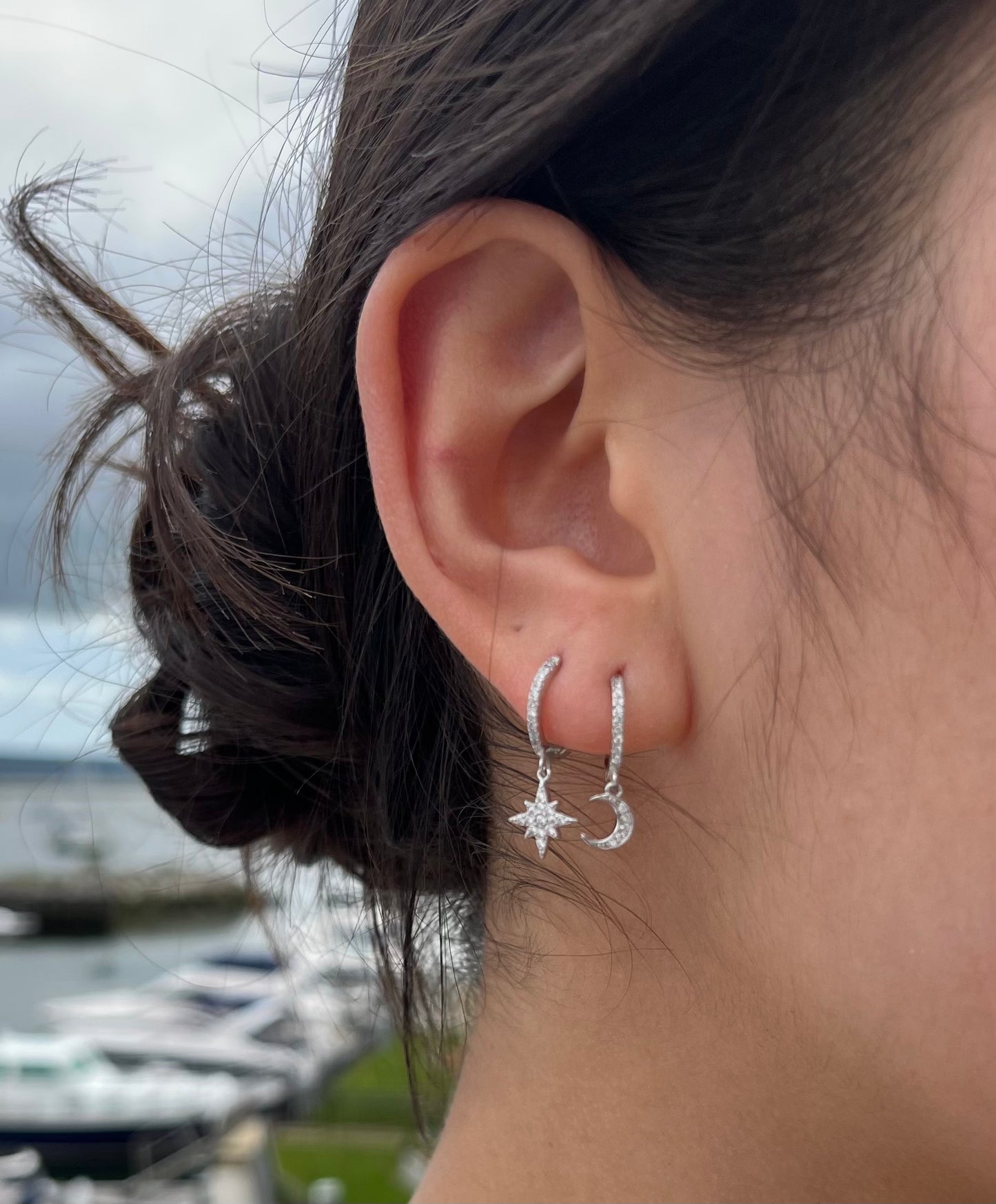 925 Sterling Silver Cubic Zirconia Star Moon Huggie Earrings