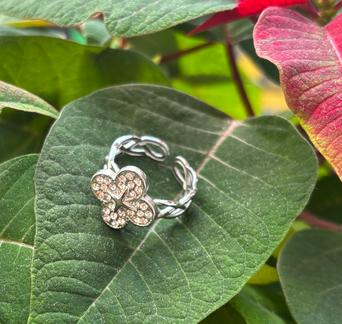 Stainless Steel Cubic Zirconia Clover Adjustable Ring