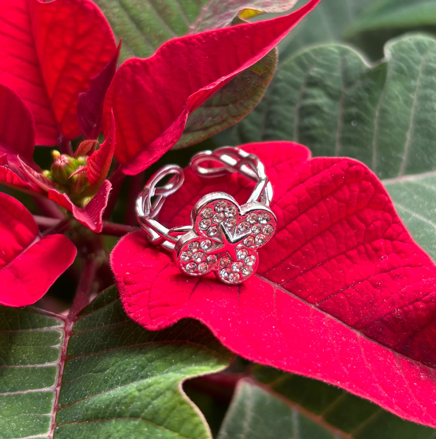 Stainless Steel Cubic Zirconia Clover Adjustable Ring