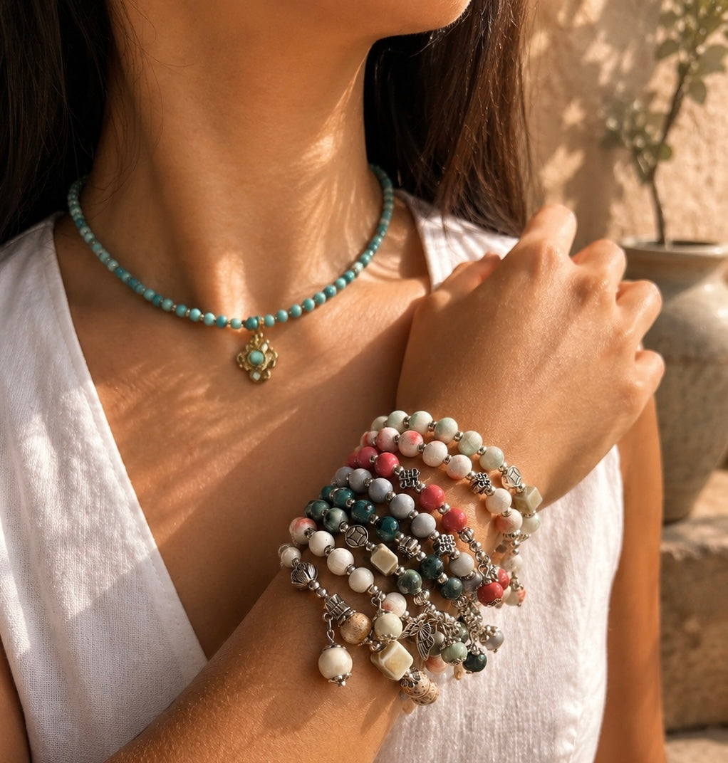 Ceramic Beads Bracelet with Charm - Pink