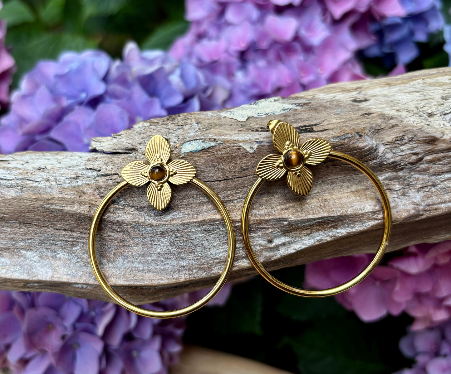 18ct Gold Plated Tiger's Eye Flower Hoop