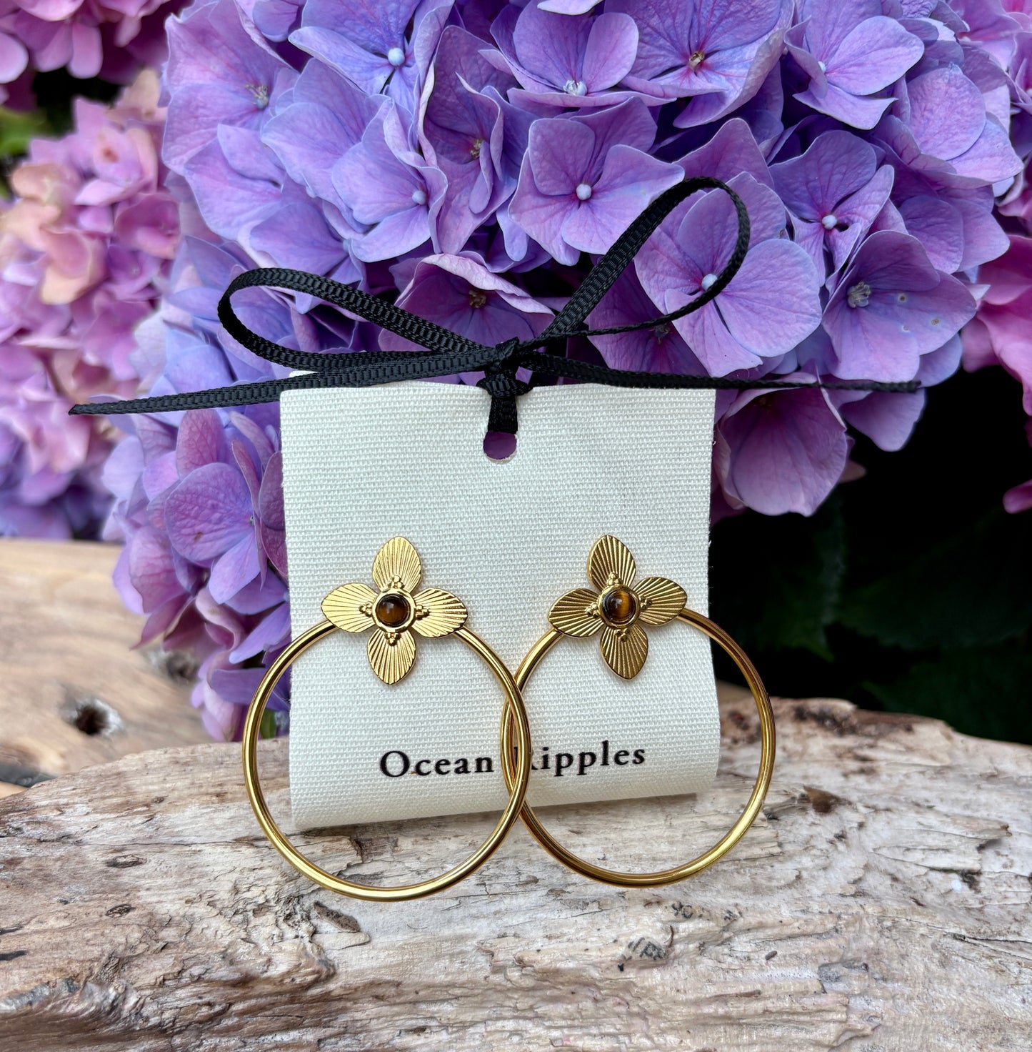 18ct Gold Plated Tiger's Eye Flower Hoop