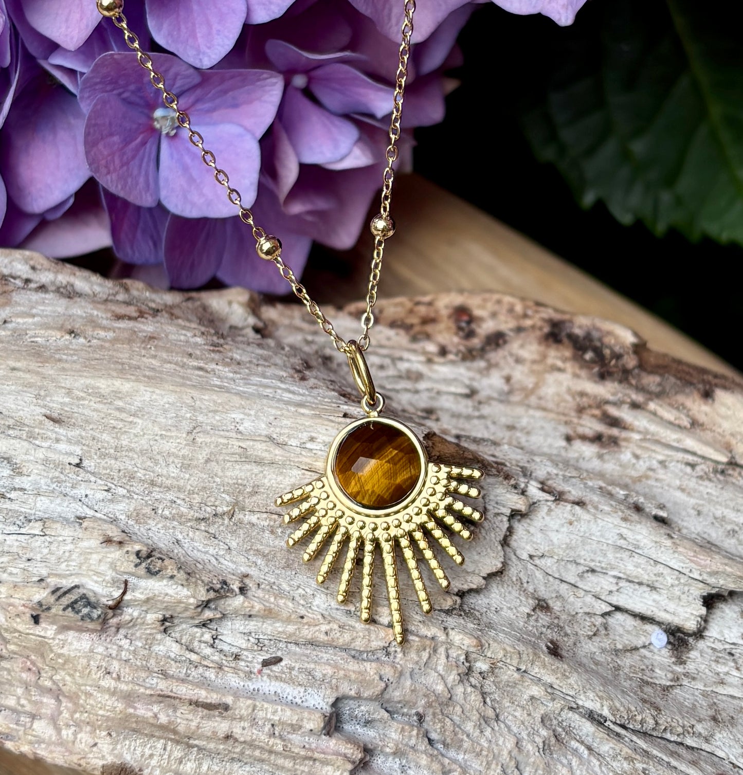 18ct Gold Plated Tiger's Eye Feather Pendant Necklace