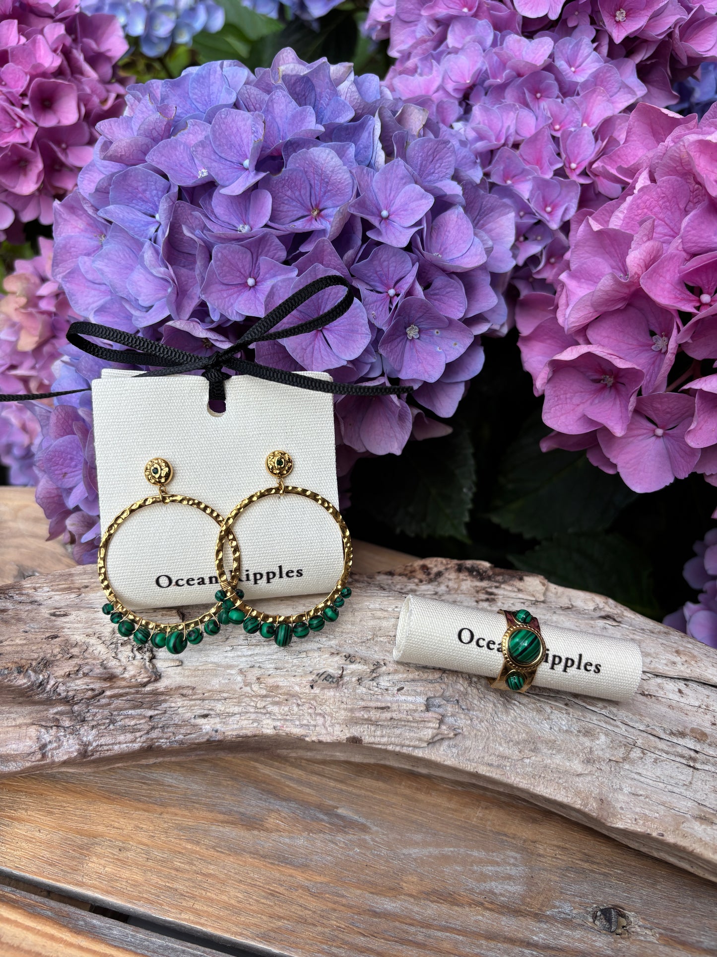 18ct Gold Plated Malachite Hammered Hoop Earrings