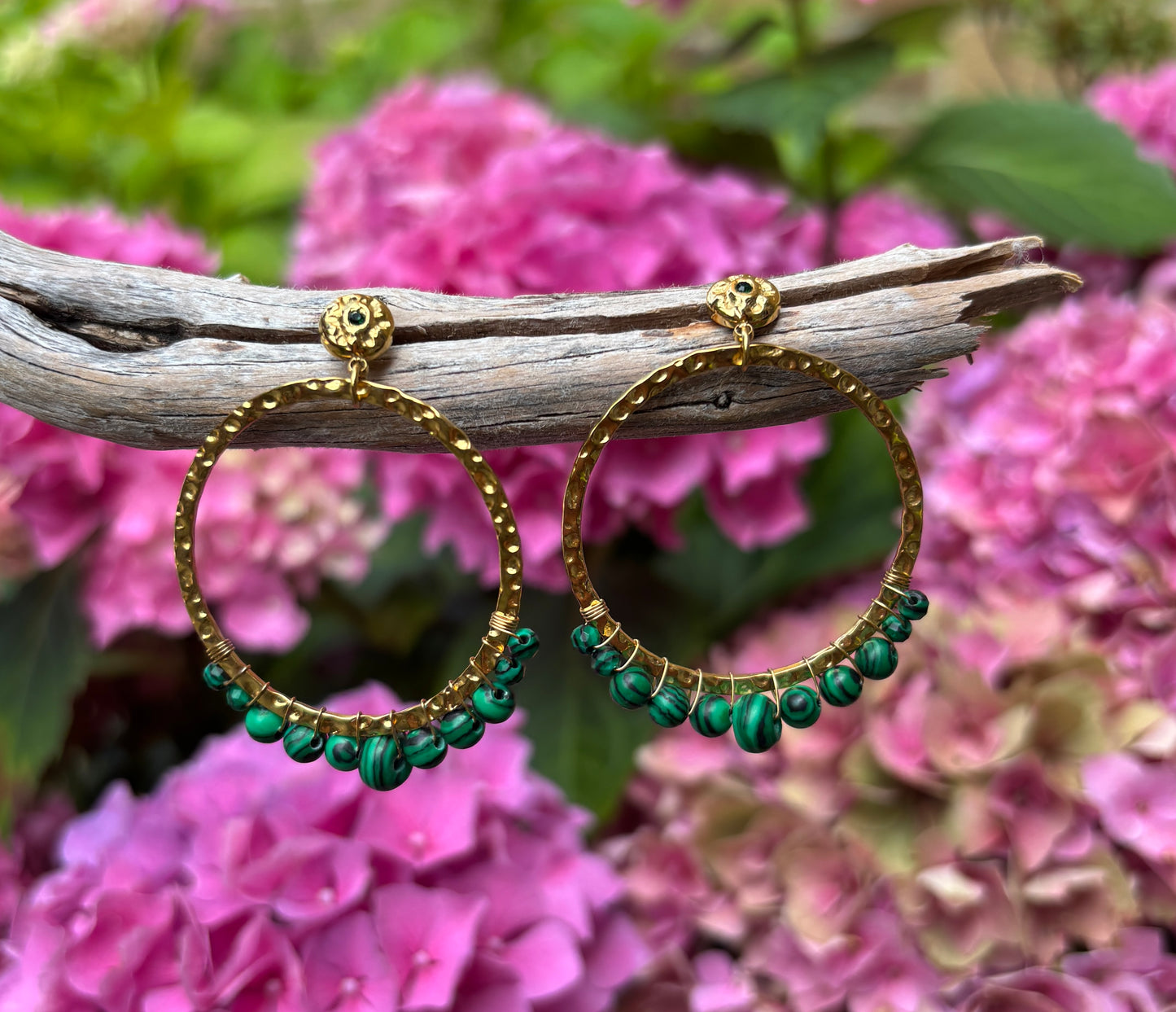 18ct Gold Plated Malachite Hammered Hoop Earrings