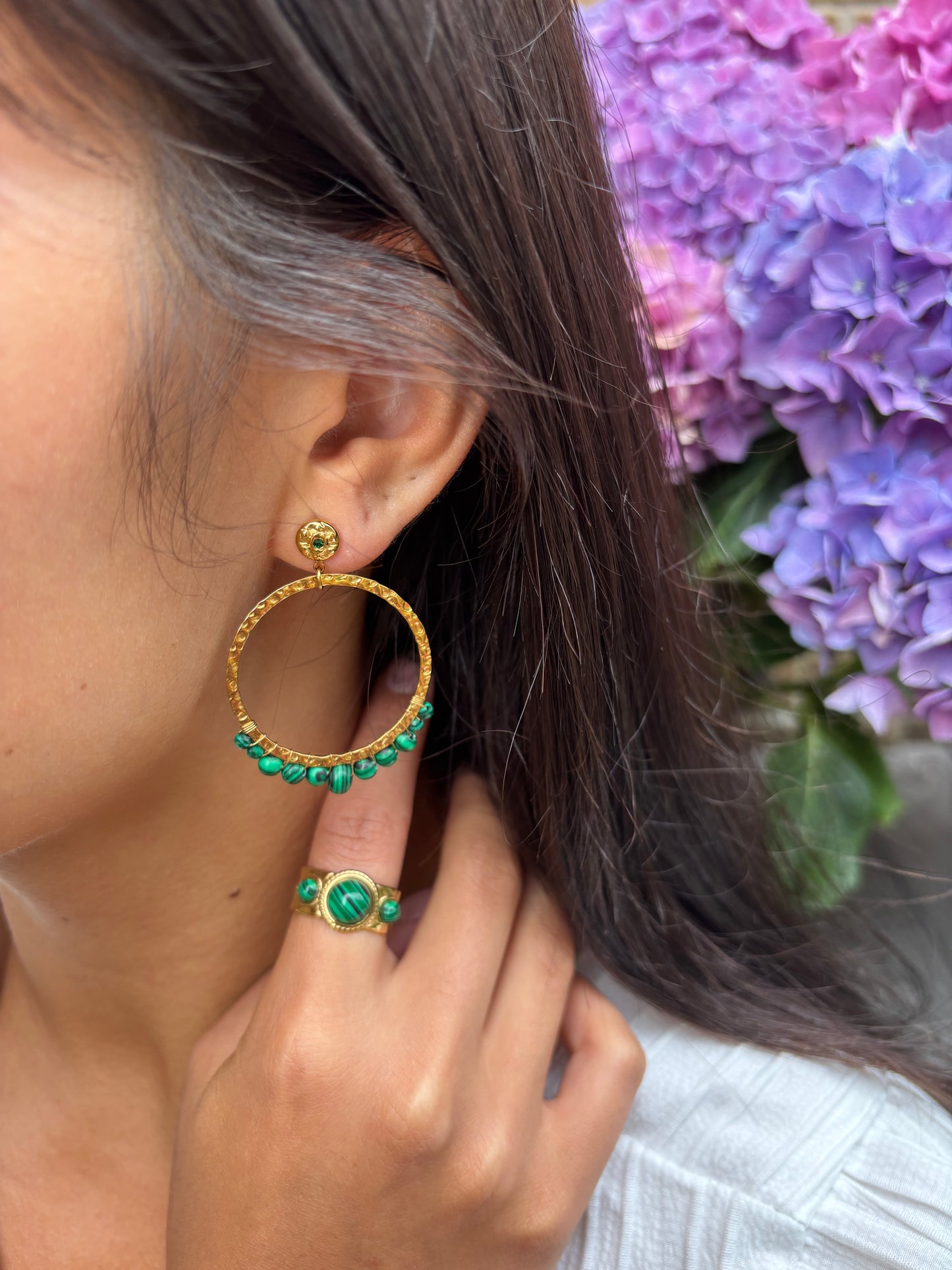 18ct Gold Plated Malachite Hammered Hoop Earrings