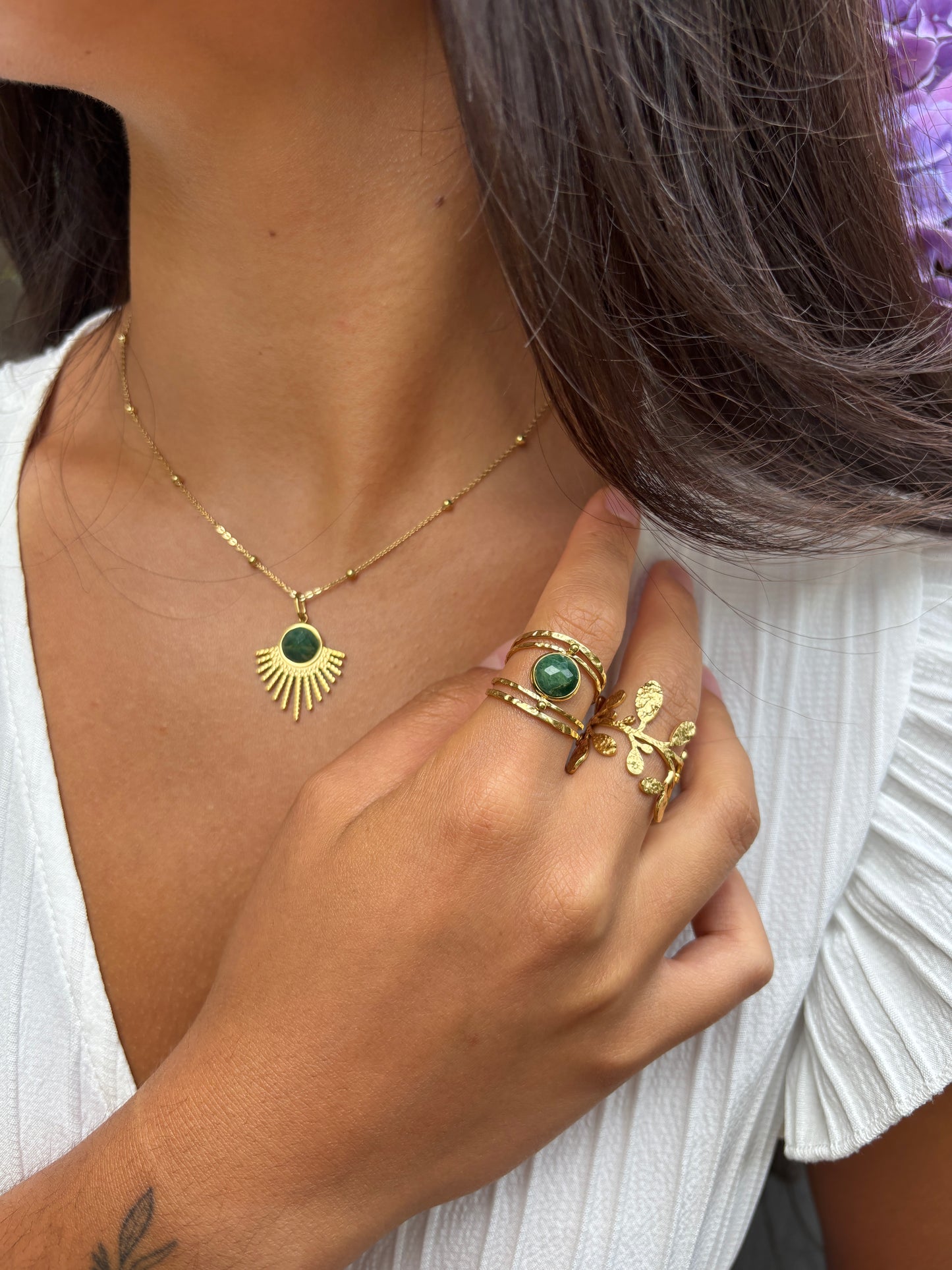 18ct Gold Plated African Jade Feather Pendant Necklace