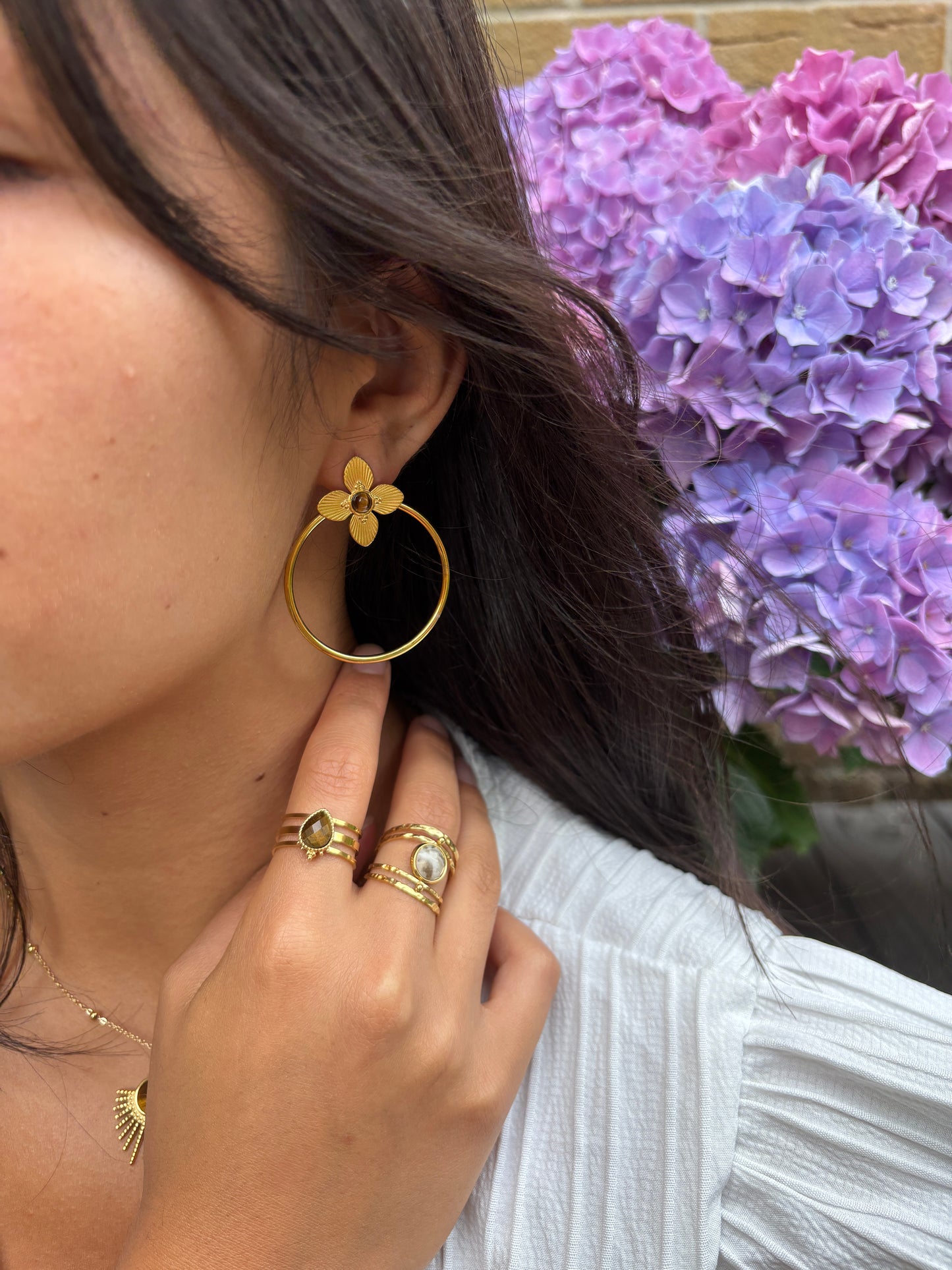 18ct Gold Plated Tiger's Eye Flower Hoop