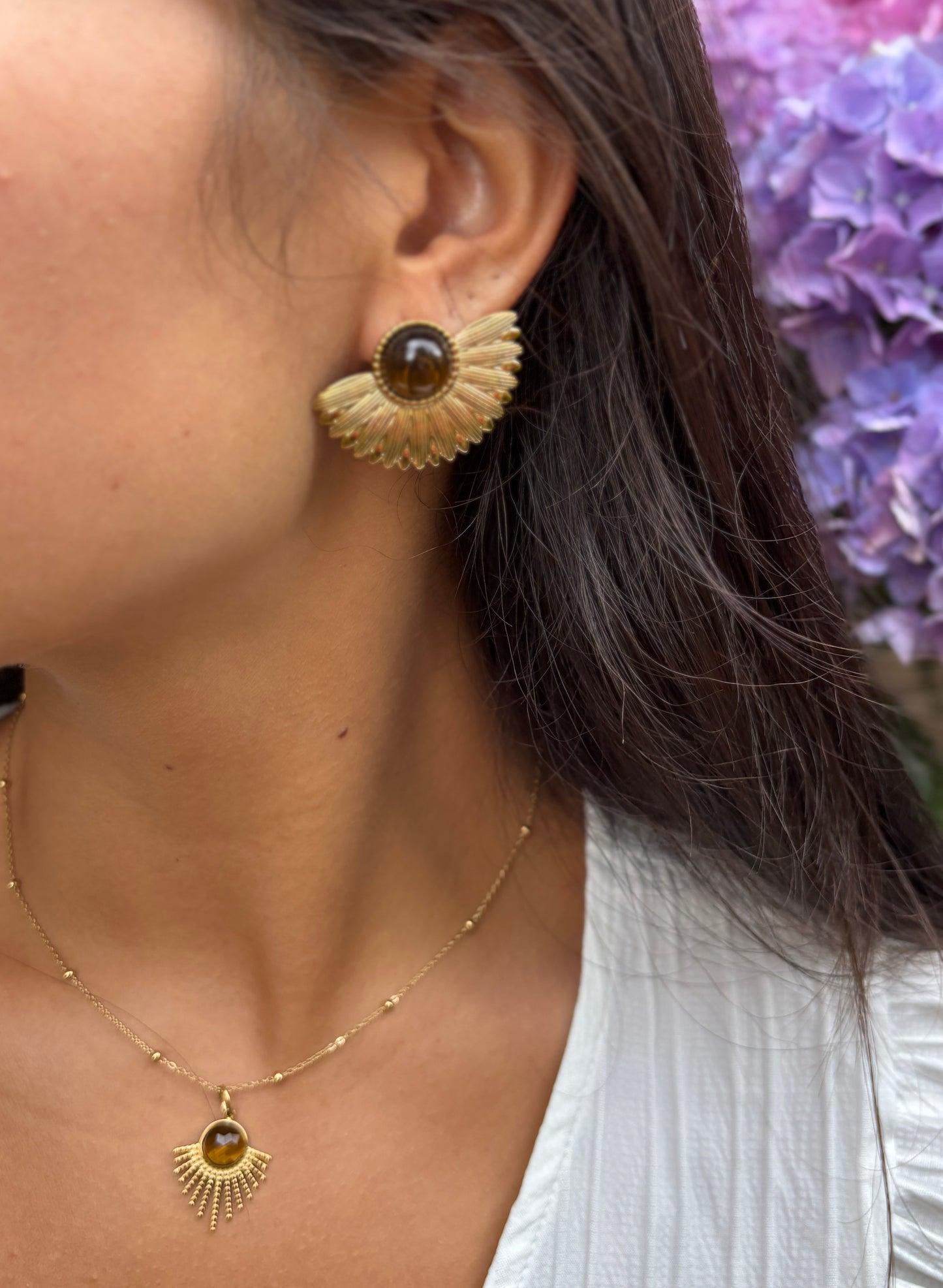18ct Gold Plated Tiger's Eye Sunflower Earrings
