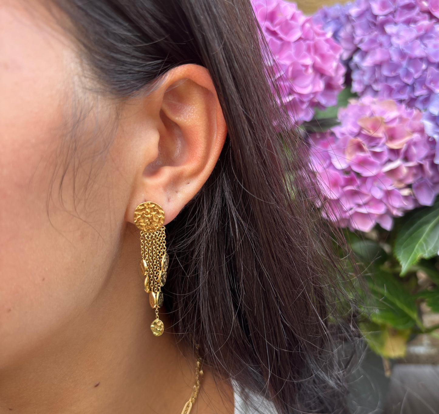 18ct Gold Plated Hammered Discs Dangle Earrings