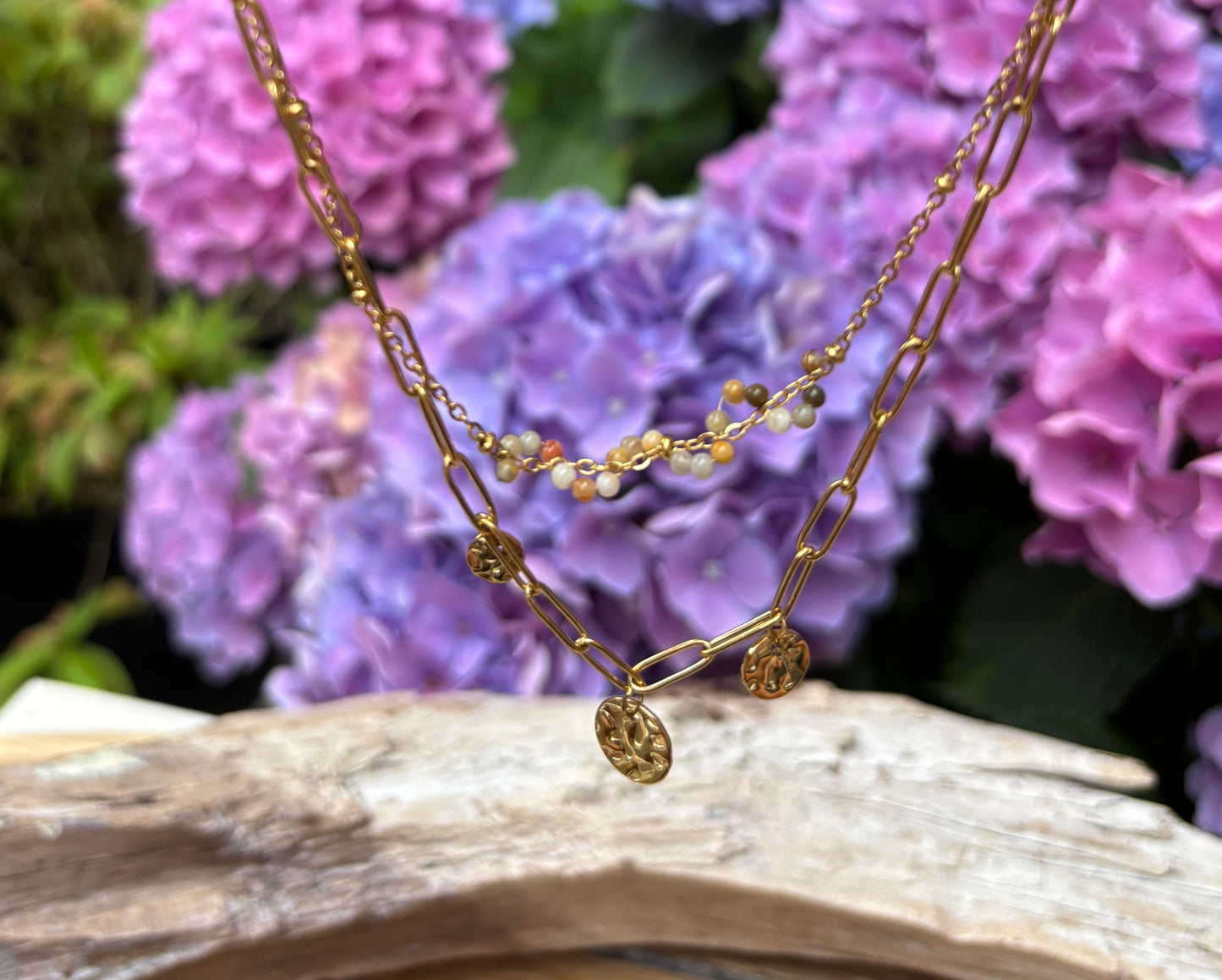 18ct Gold Plated Tourmaline Beads Double Chain Necklace