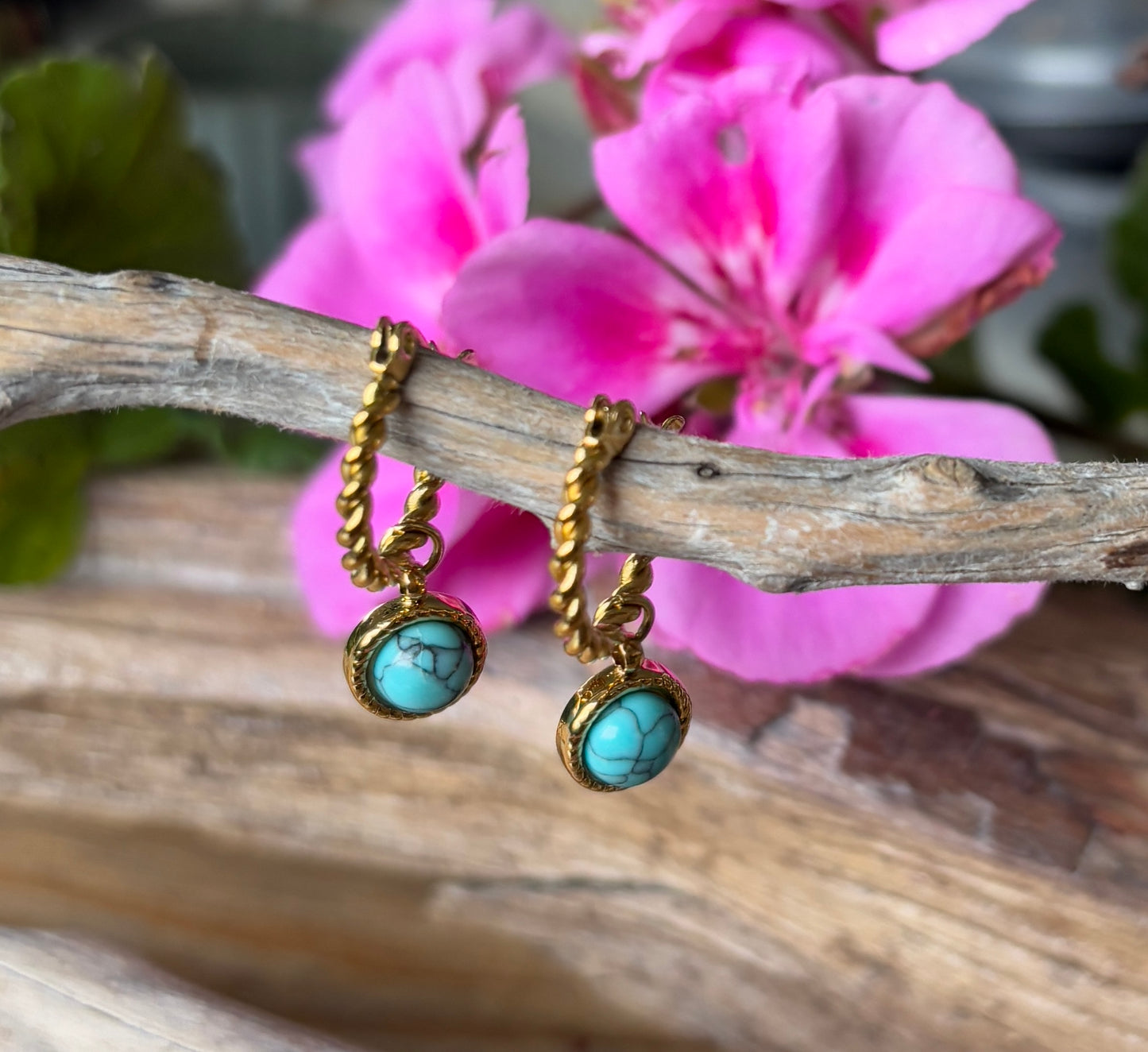 18ct Gold Plated Turquoise Twisted Hoop Earrings
