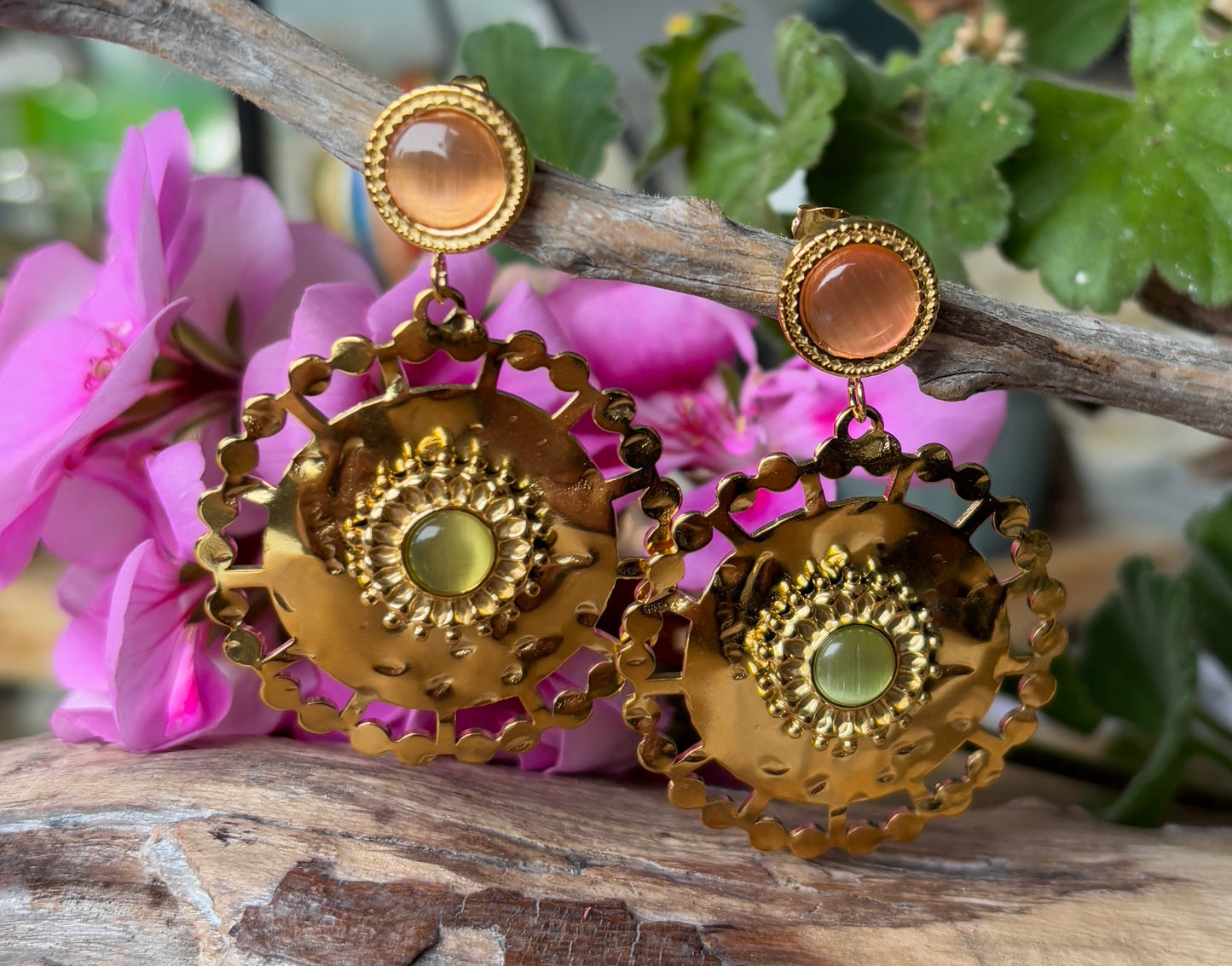 18ct Gold Plated Cats Eye Medallion Drop Earrings