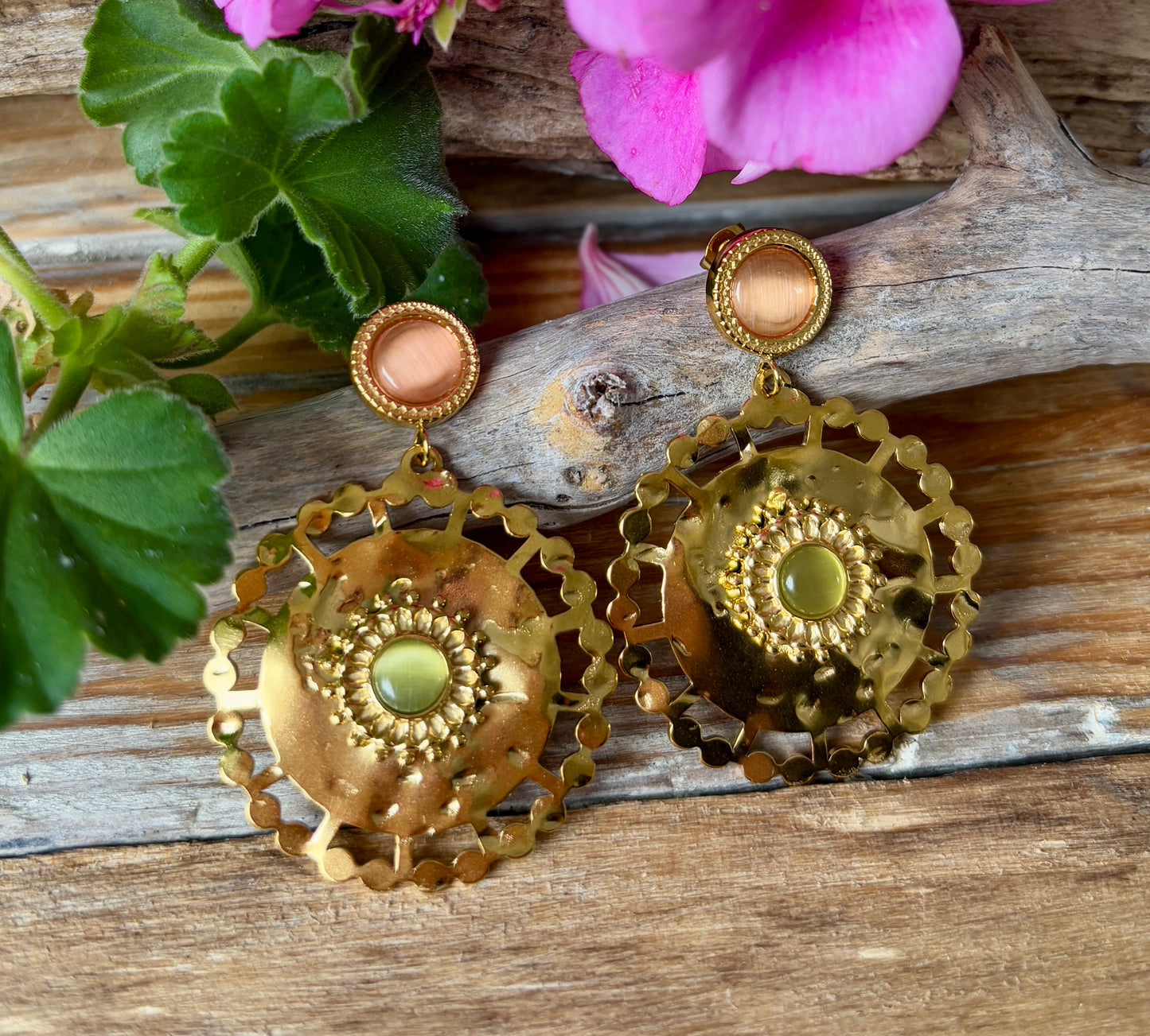 18ct Gold Plated Cats Eye Medallion Drop Earrings