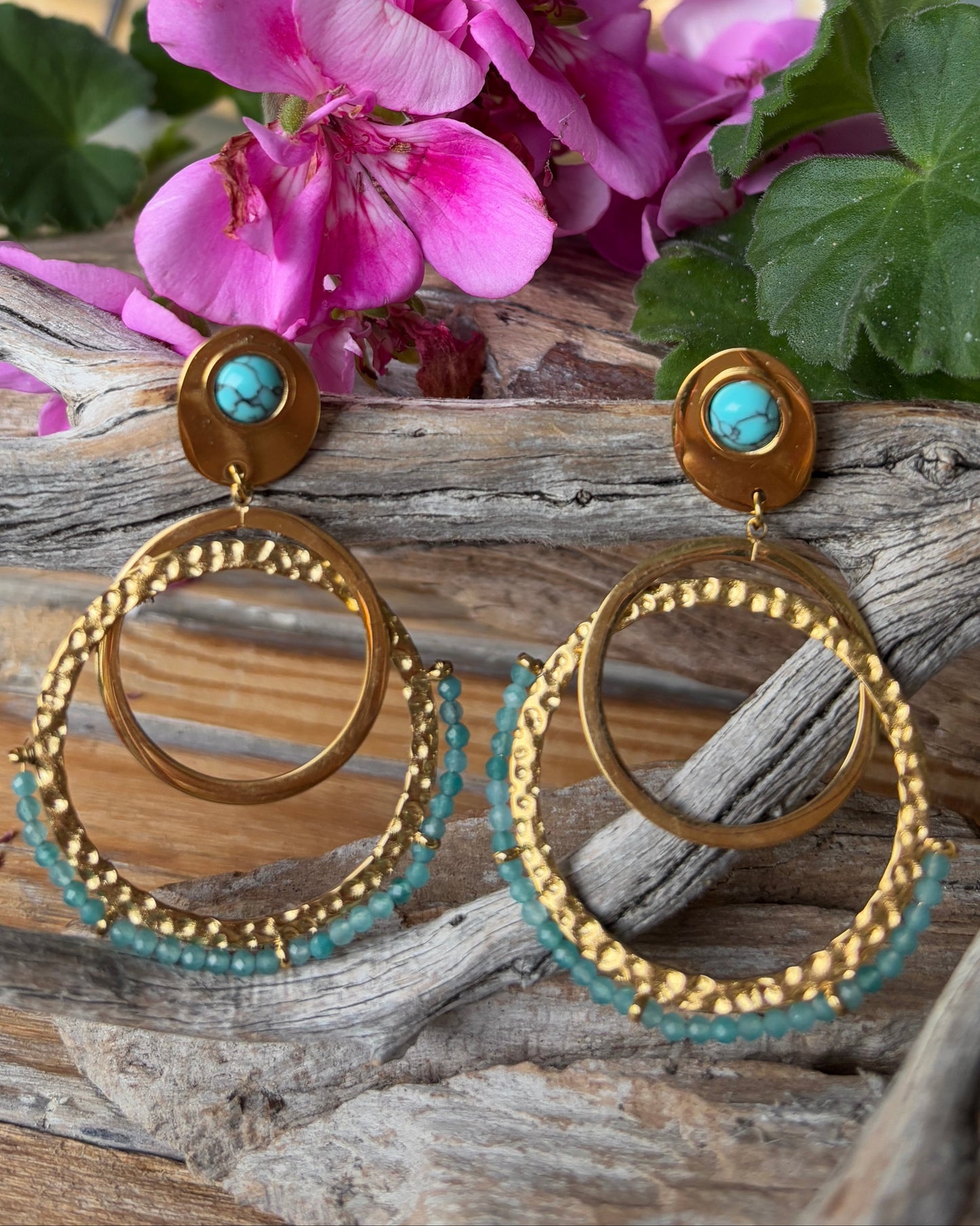 18ct Gold Plated Turquoise Double Hoop Earrings