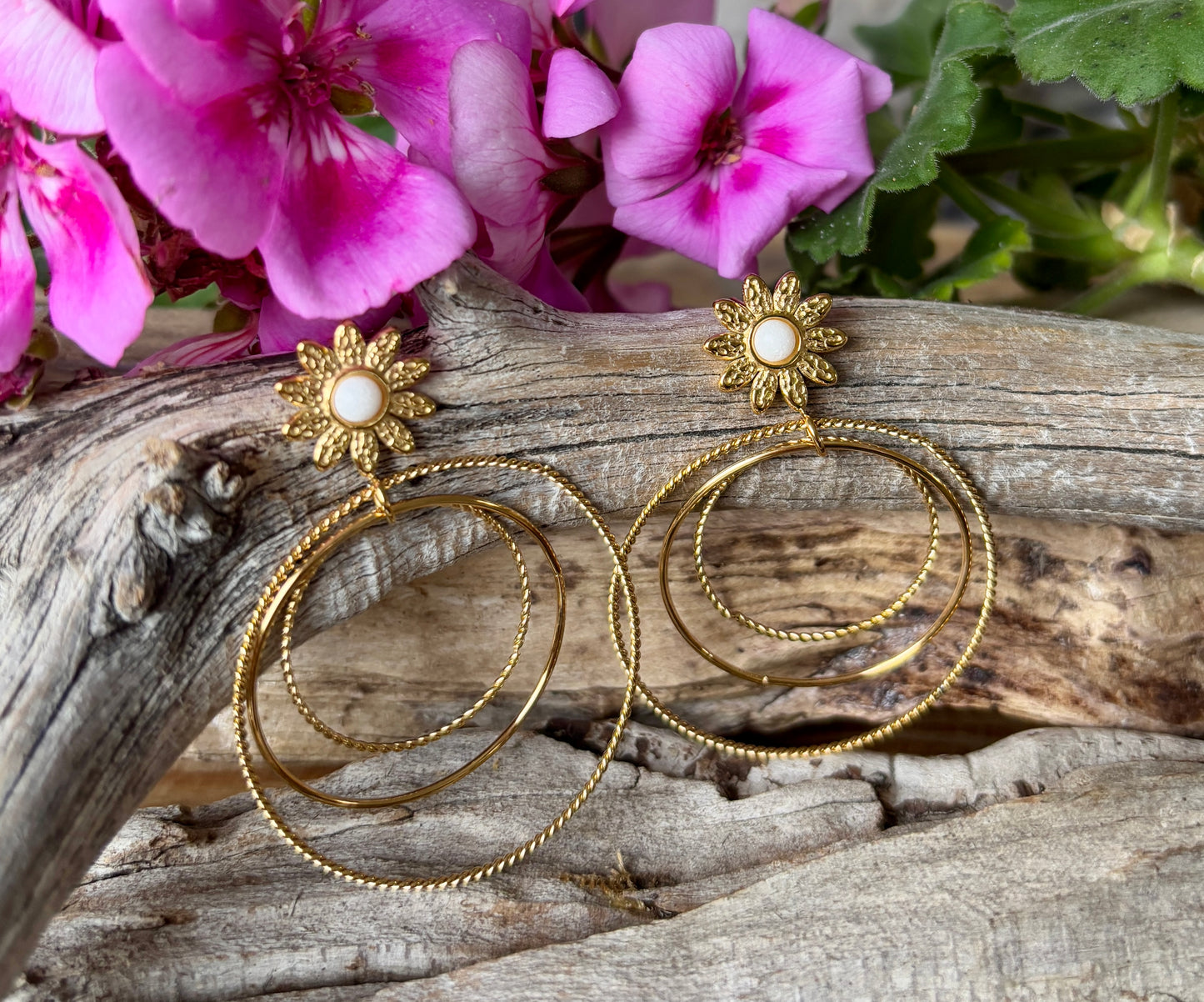 18ct Gold Plated Mother Of Pearl Triple Hoops Earrings