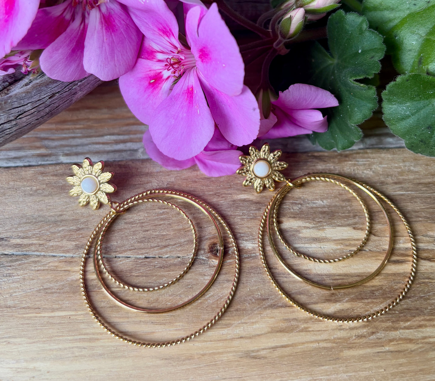 18ct Gold Plated Mother Of Pearl Triple Hoops Earrings