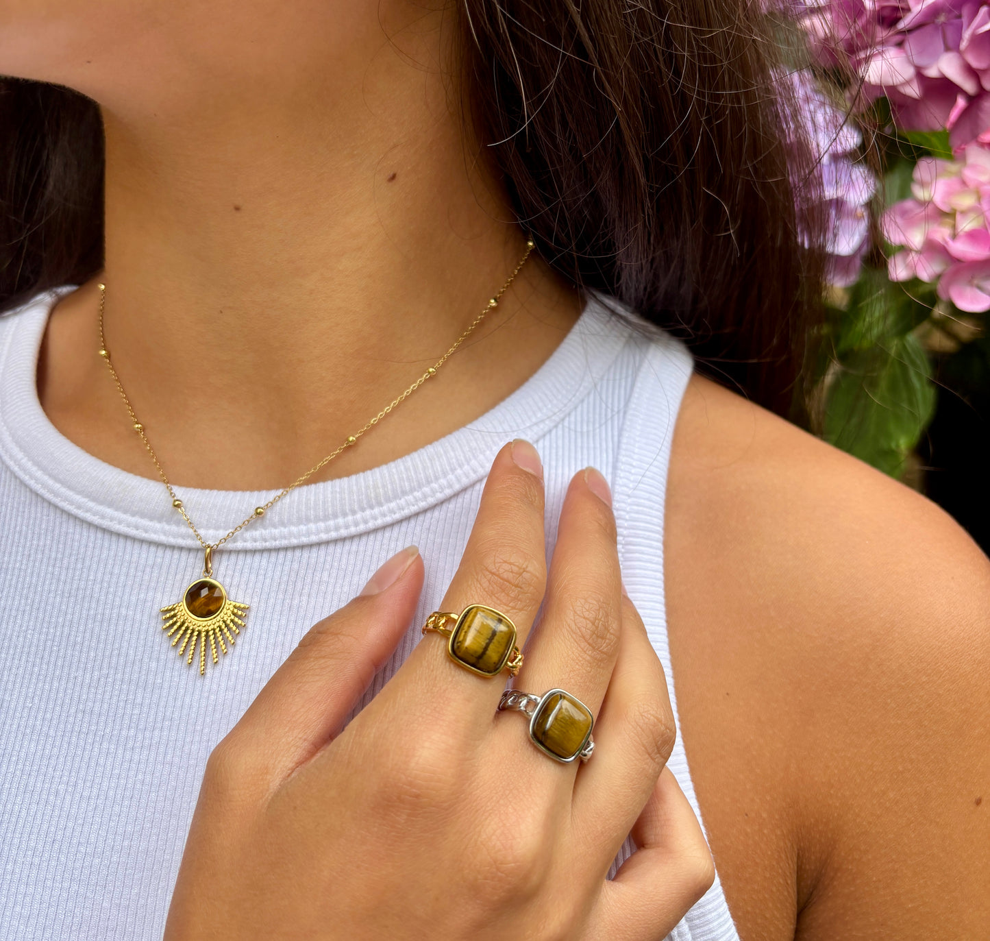 18ct Gold Plated Square Tiger's Eye Ring - Available In Silver