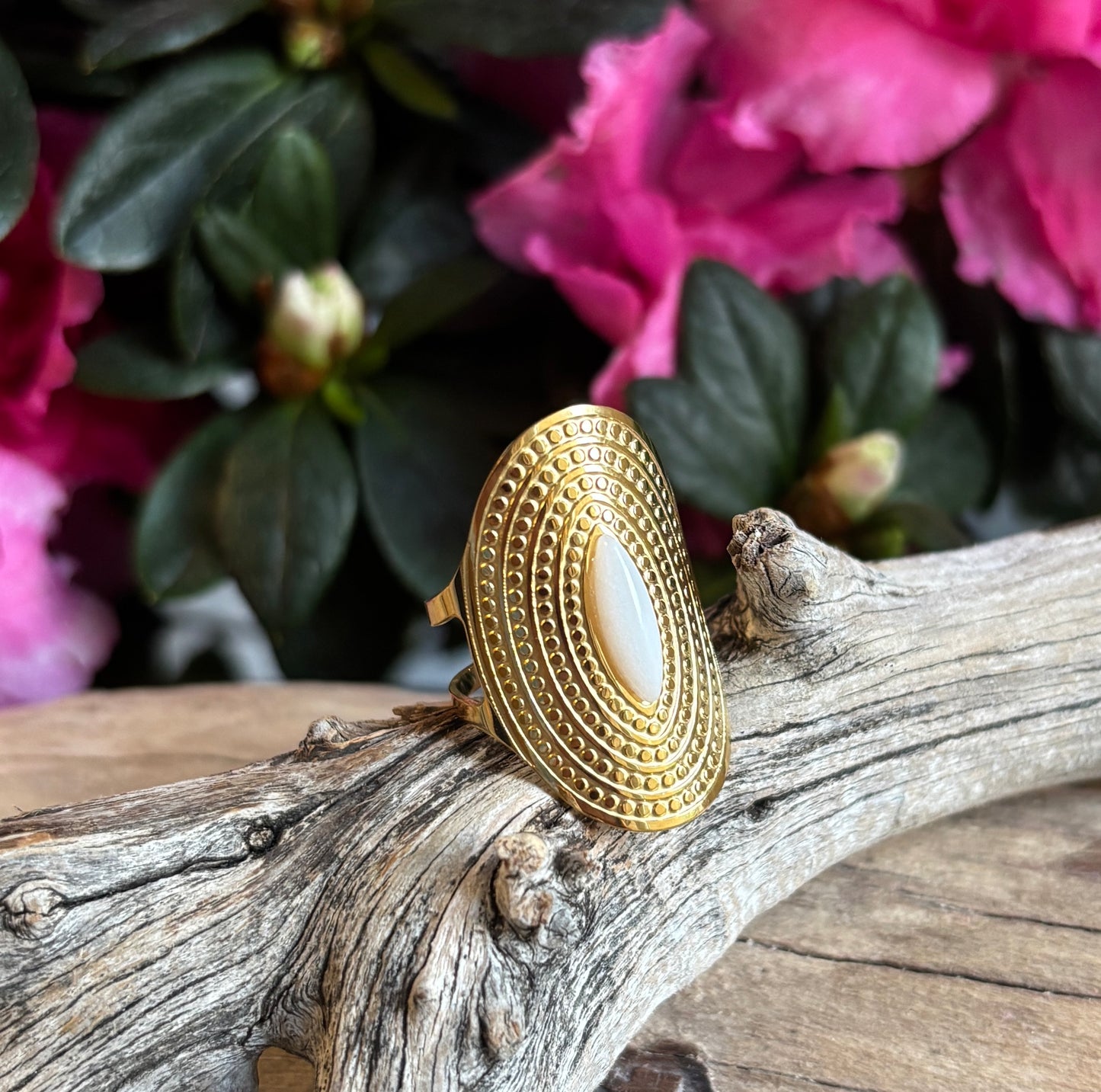 18ct Gold Plated Adjustable White Jade Shield Ring