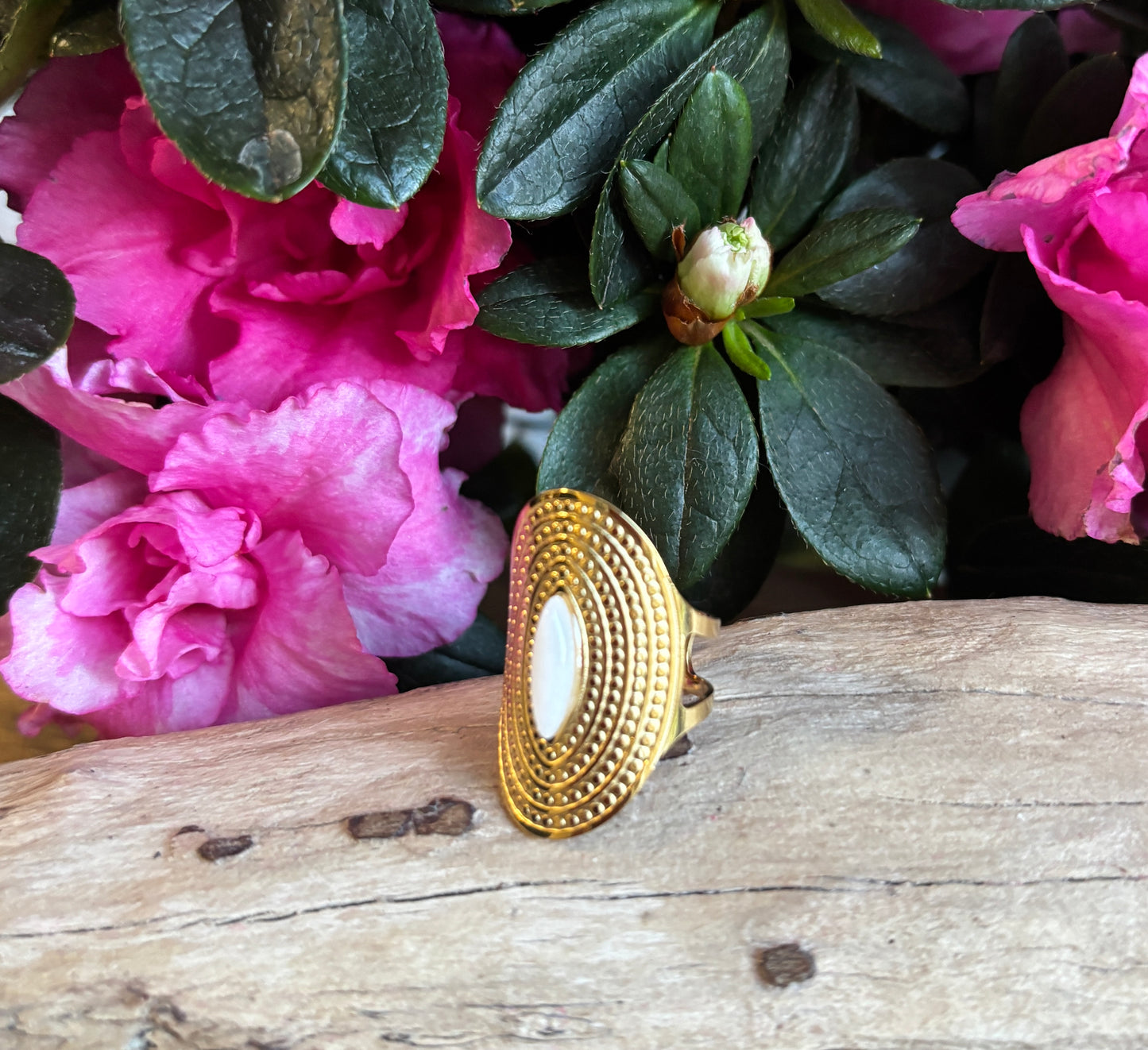 18ct Gold Plated Adjustable White Jade Shield Ring