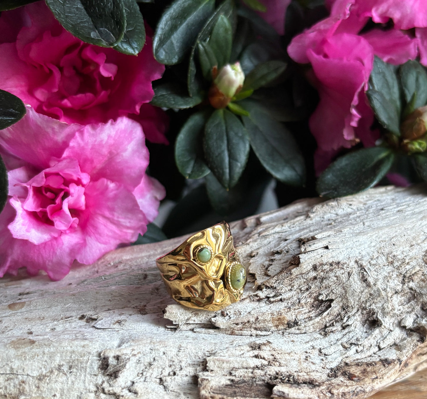 18ct Gold Plated Adjustable African Turquoise Hammered Ring