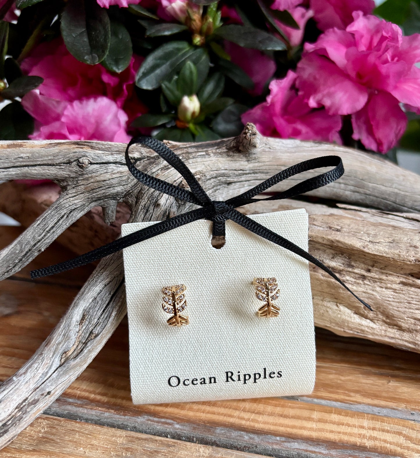 14ct Gold Plated Cubic Zirconia Leaf Huggie Earrings