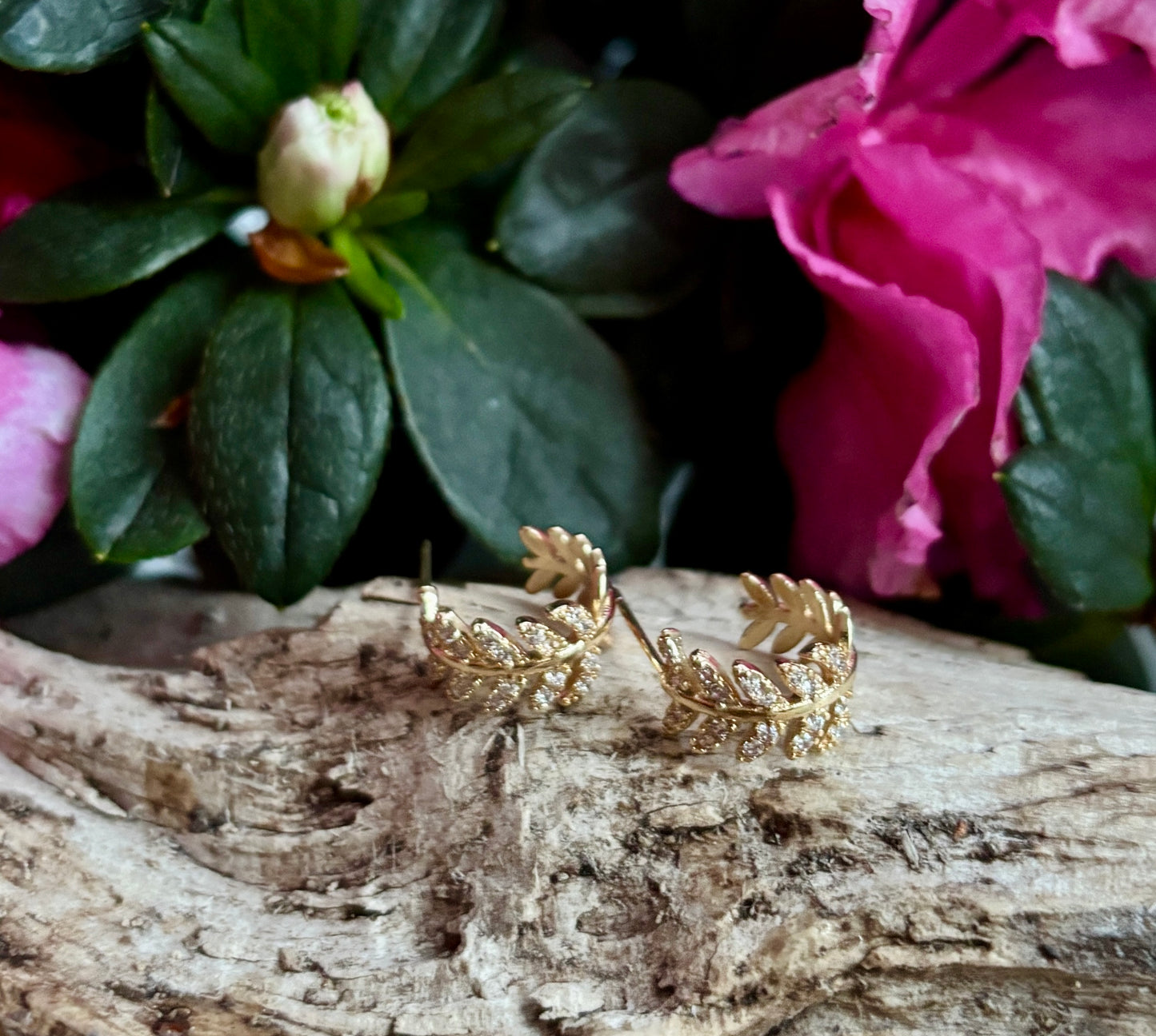 14ct Gold Plated Cubic Zirconia Leaf Huggie Earrings
