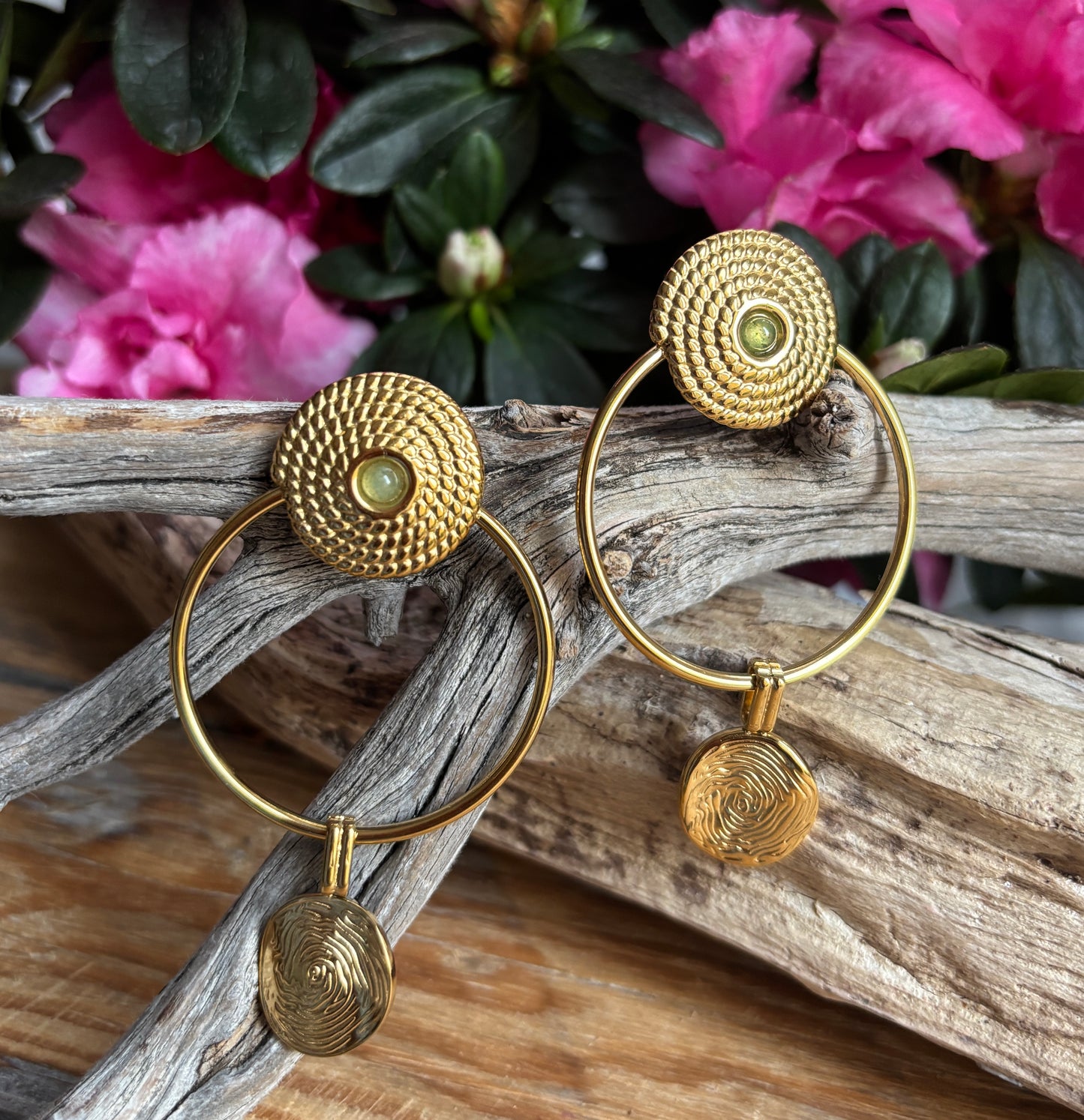 18ct Gold Plated Green Aventurine Statement Hoop Earrings