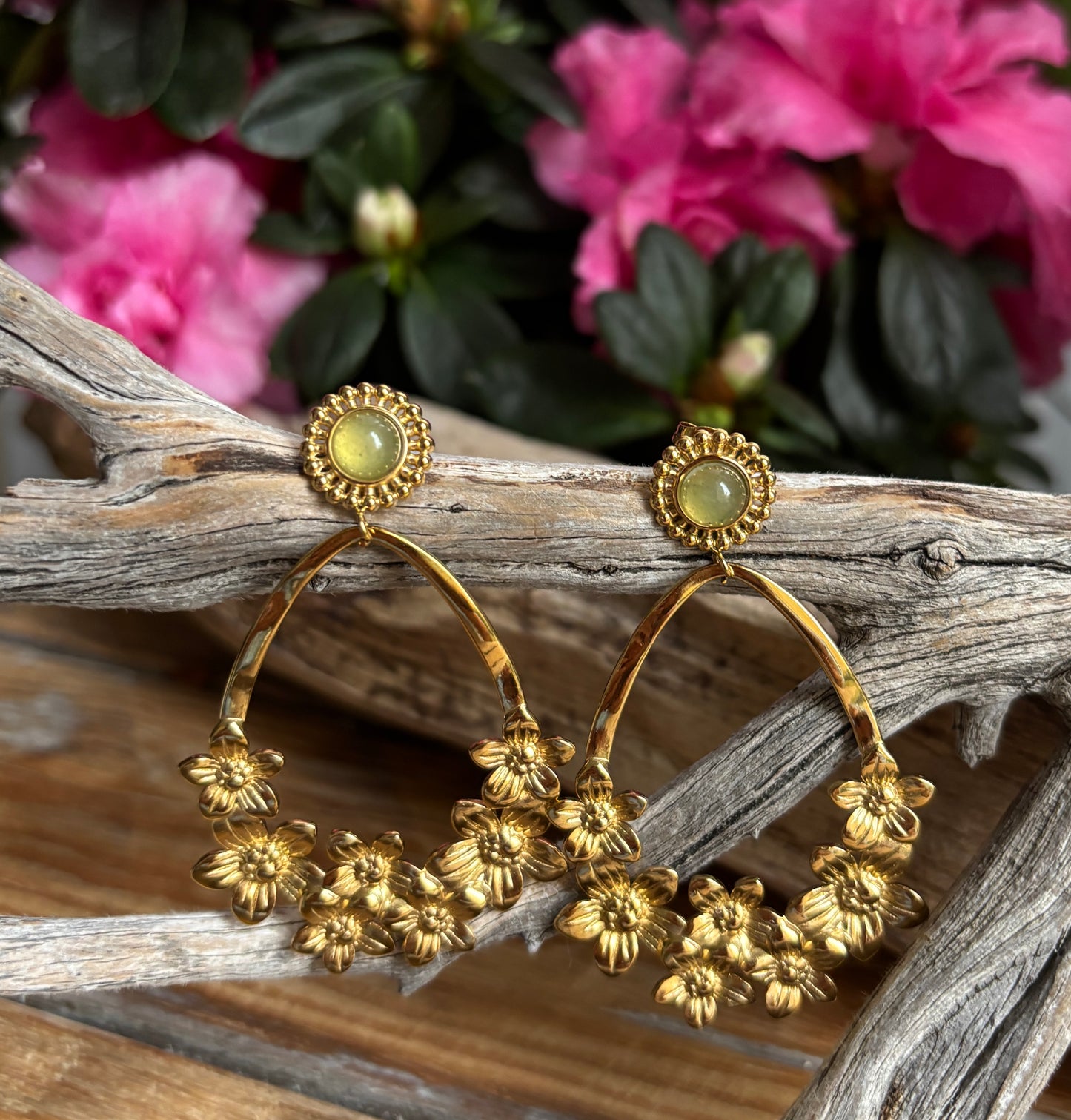 18ct Gold Plated Green Aventurine Flower Hoop Earrings
