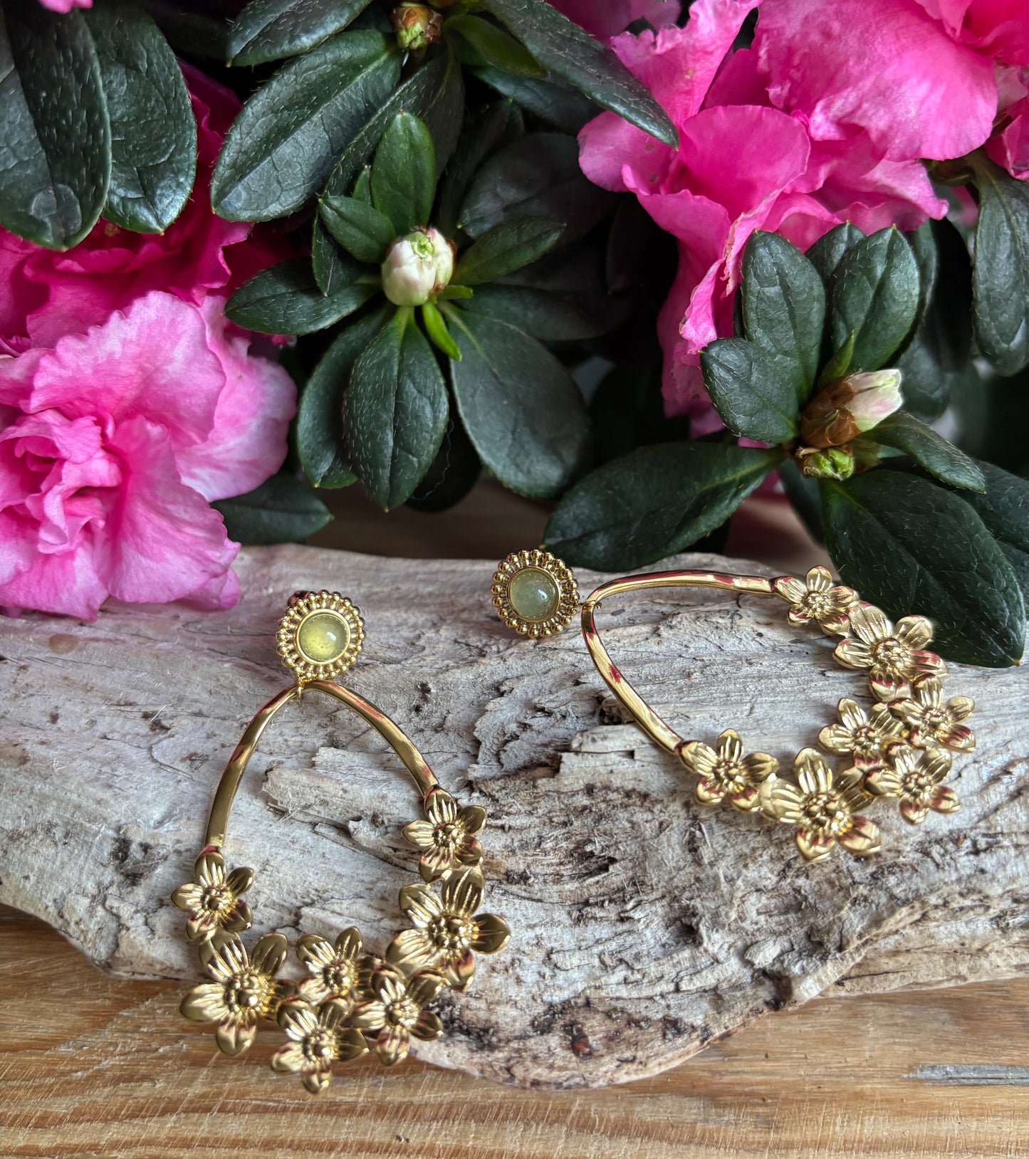 18ct Gold Plated Green Aventurine Flower Hoop Earrings