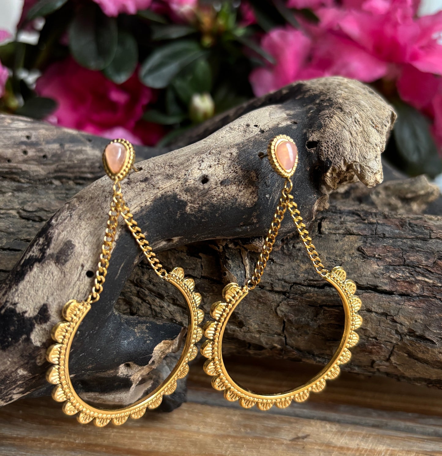 18ct Gold Plated Pink Cats Eye Lace Trim Earrings