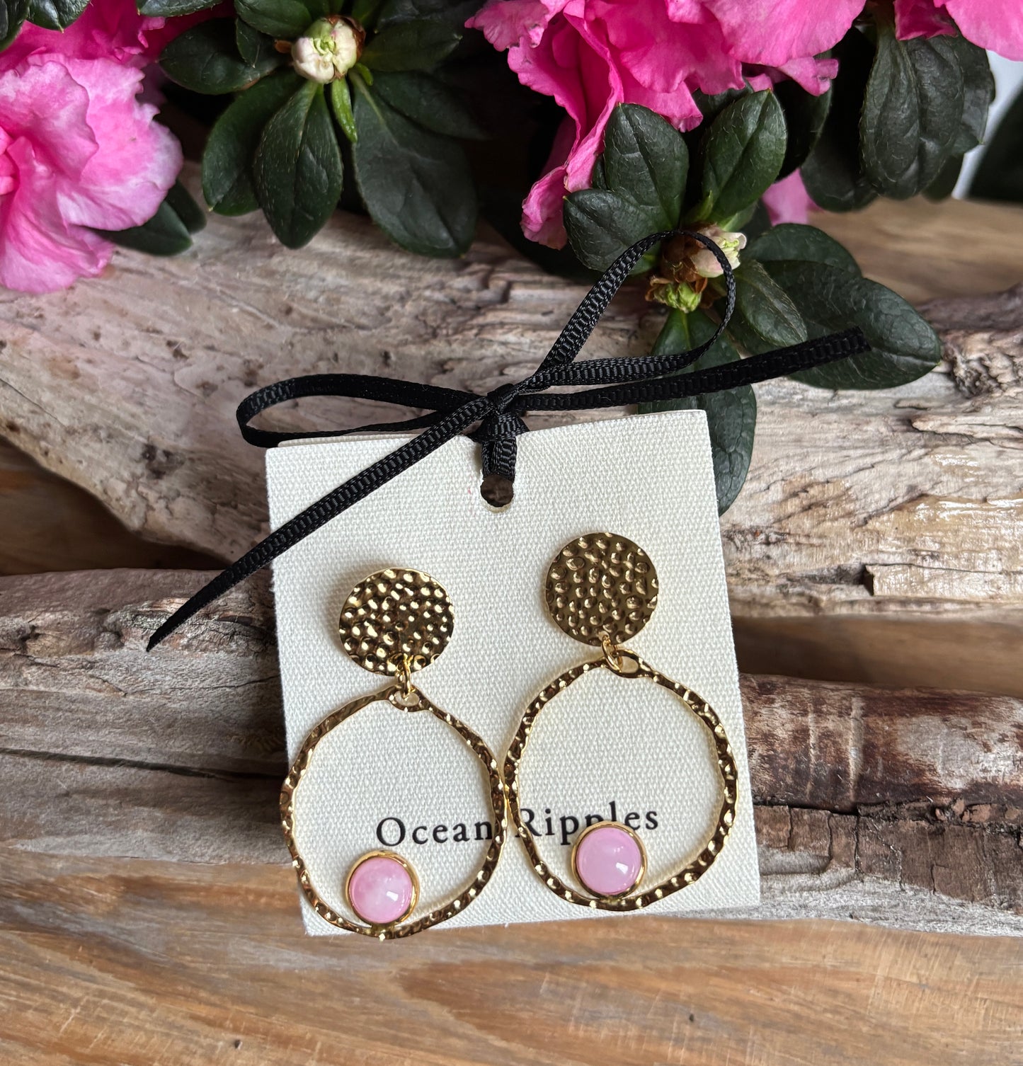 18ct Gold Plated Gold Circle Rose Quartz Hoop Earrings