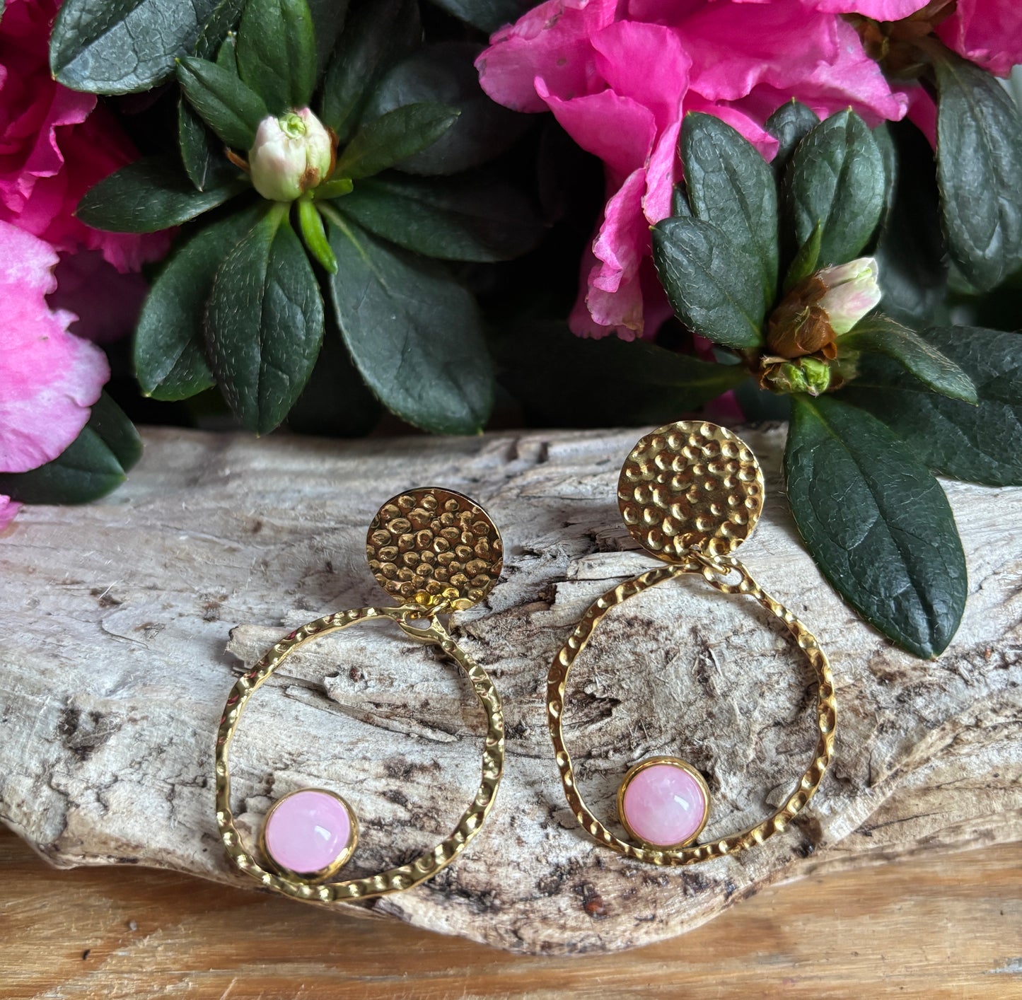 18ct Gold Plated Gold Circle Rose Quartz Hoop Earrings