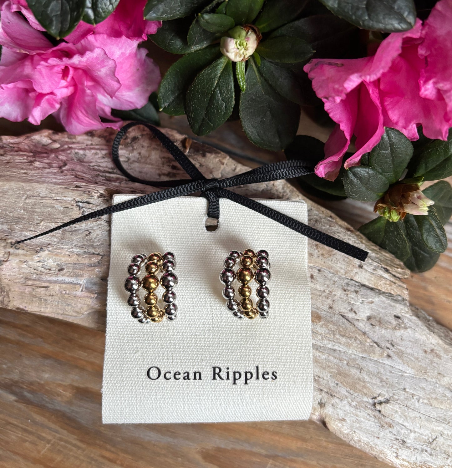 18ct Gold Plated Two-Tone Beaded Hoop Earrings