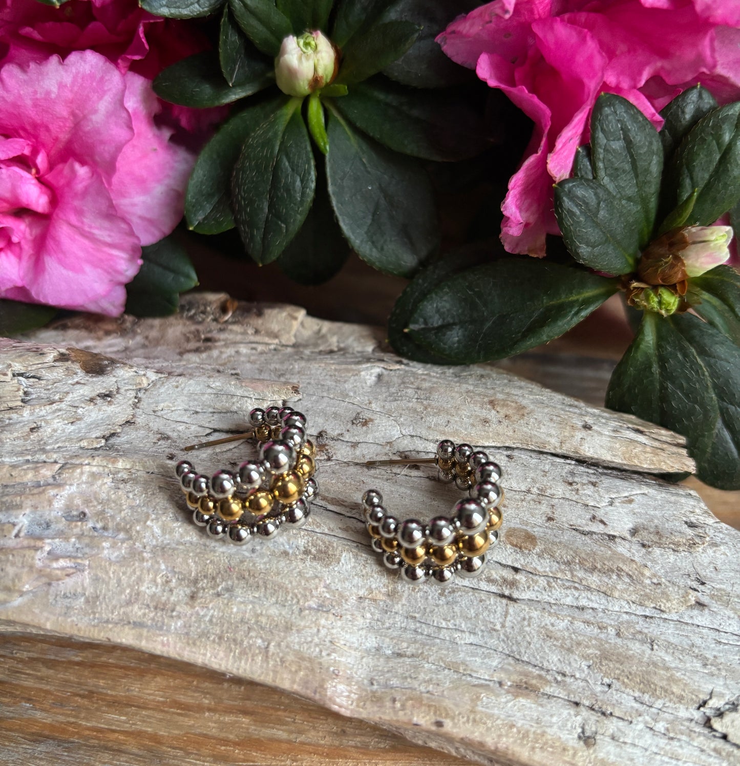 18ct Gold Plated Two-Tone Beaded Hoop Earrings
